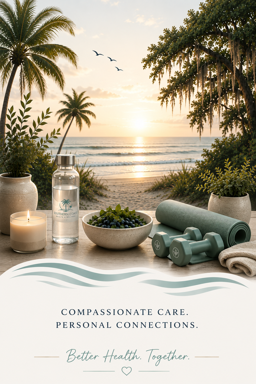 A wellness and fitness setup on a wooden surface at the beach during sunset, featuring potted plants, a lit candle, a water bottle labeled 'Southern Coast', a bowl of grapes, a teal yoga mat, two dumbbells, and a rolled towel, with the ocean, palm trees, and a sunset in the background.
