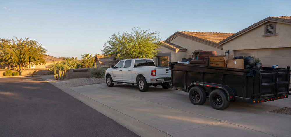 A pickup truck and loaded trailer parked in a Phoenix driveway during a property cleanout