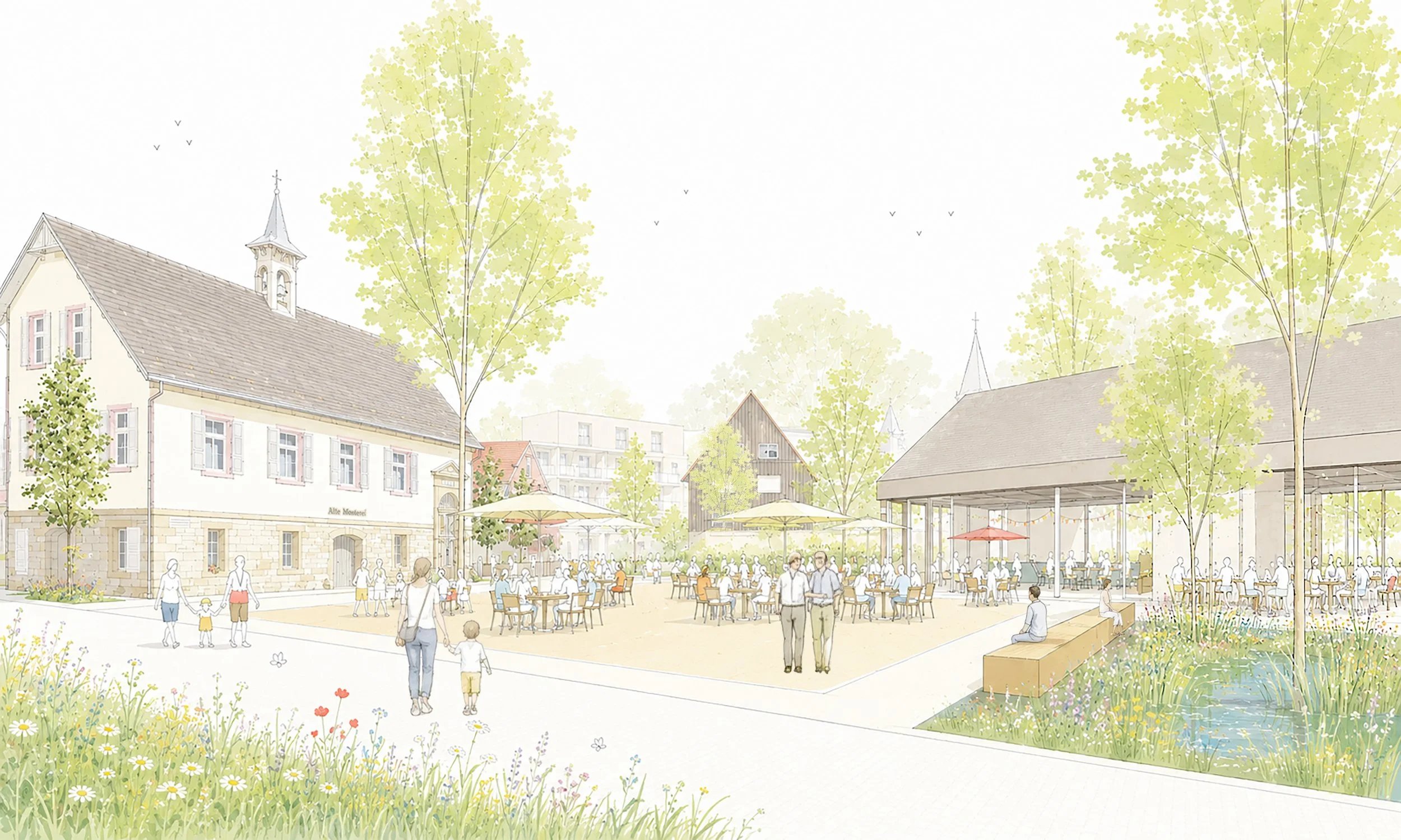 Eine belebte Stadtplatzszene mit Menschen, Bäumen, Tischen und Gebäuden im Hintergrund.