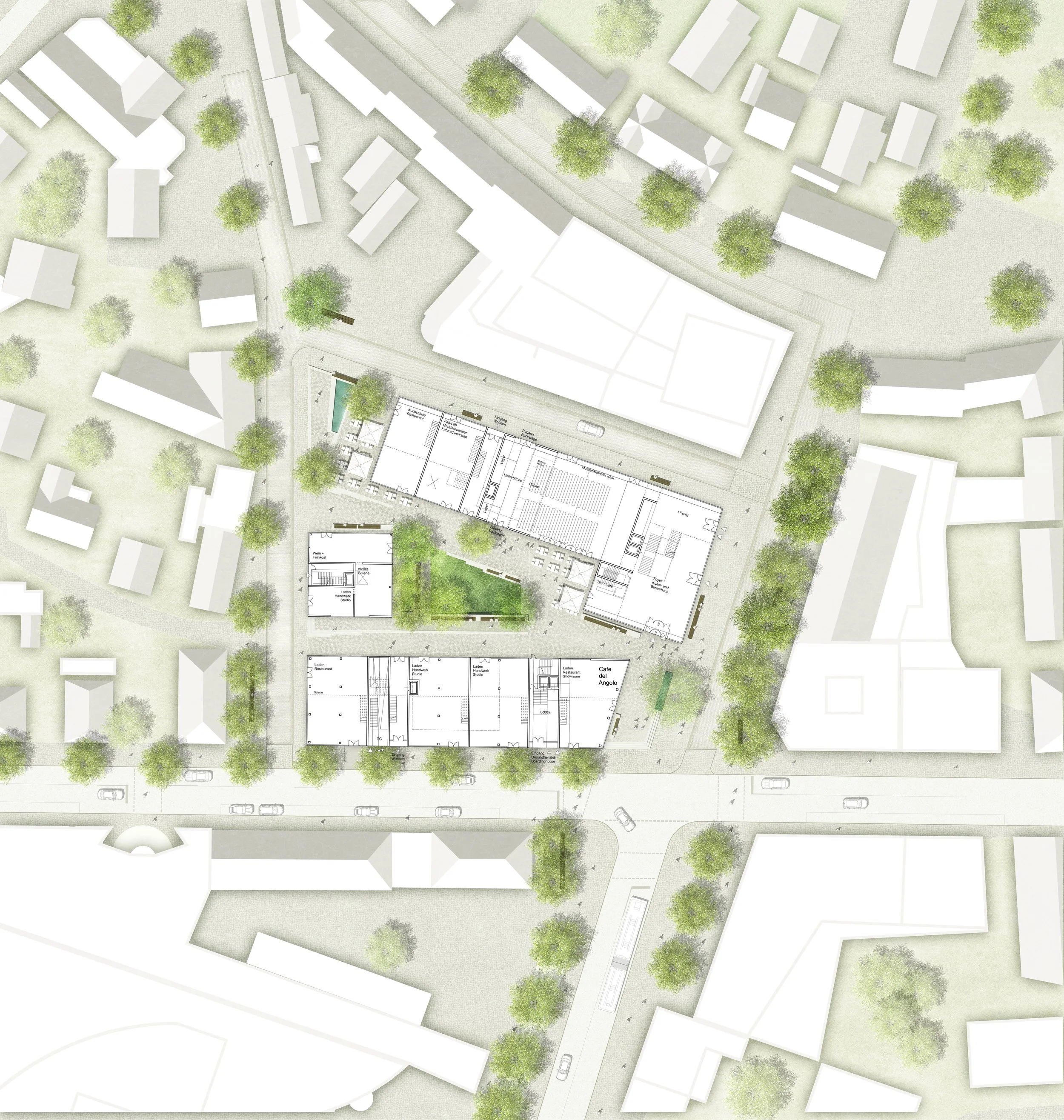 Luftaufnahme eines städtischen Grundstücks mit Gebäuden, Bäumen und Straßen, einschließlich eines markierten Gebäudefußplans.
