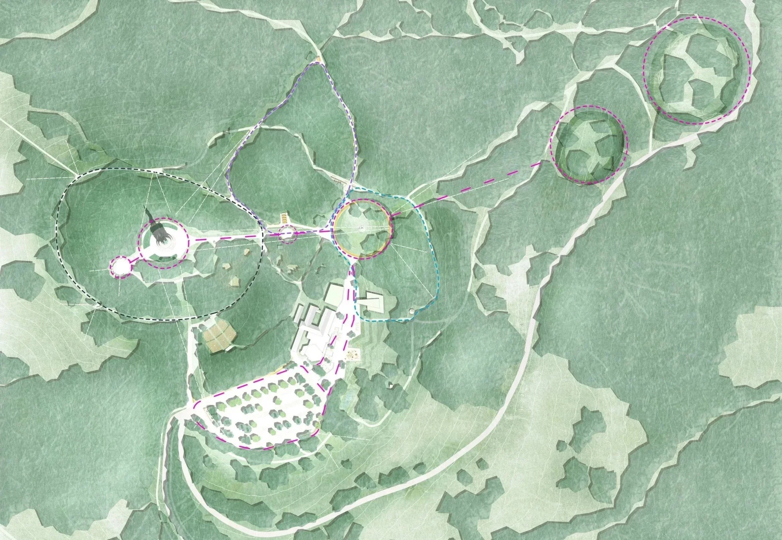 Ein detaillierter Plan oder eine Karte eines Parks oder eines Geländes mit gekennzeichneten Wegen, Bereichen und markierten Zonen, vermutlich für einen Freizeitpark oder eine landschaftliche Gestaltung.