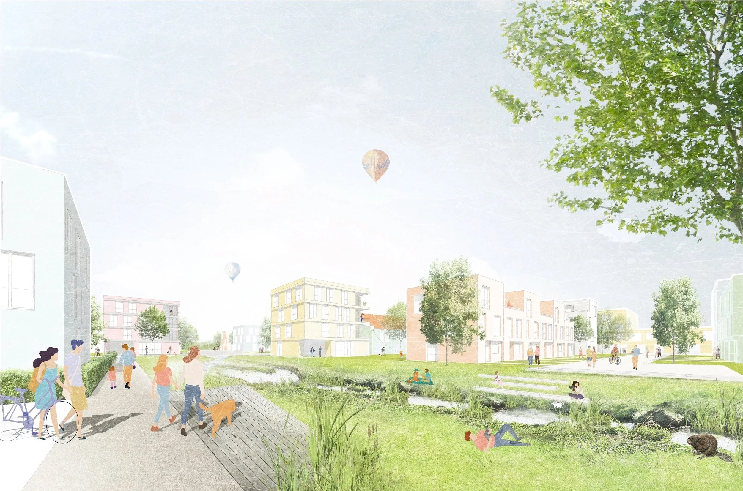 Ein Park mit Menschen, die spazieren gehen, Fahrrad fahren, auf einer Wiese sitzen und den Himmel beobachten, mit Gebäuden im Hintergrund und Heißluftballons am Himmel.