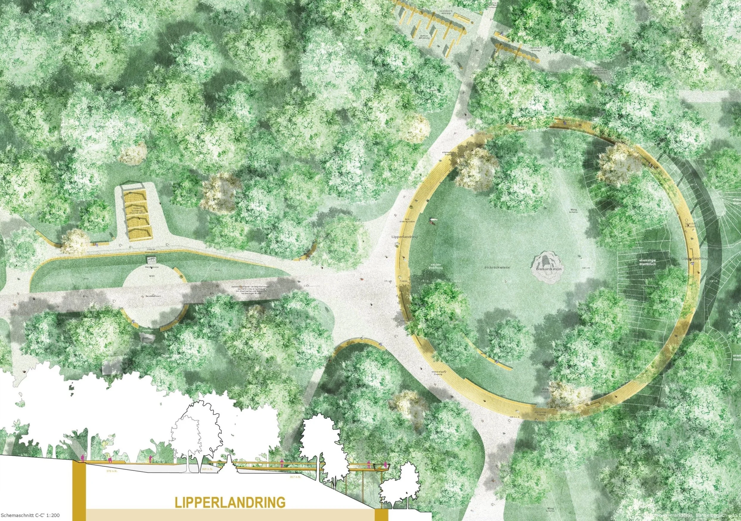 Vogelperspektive eines Parks mit Wegen, Bäumen, Sitzgelegenheiten und einer großen, gewundenen strukturierten Fläche im Zentrum