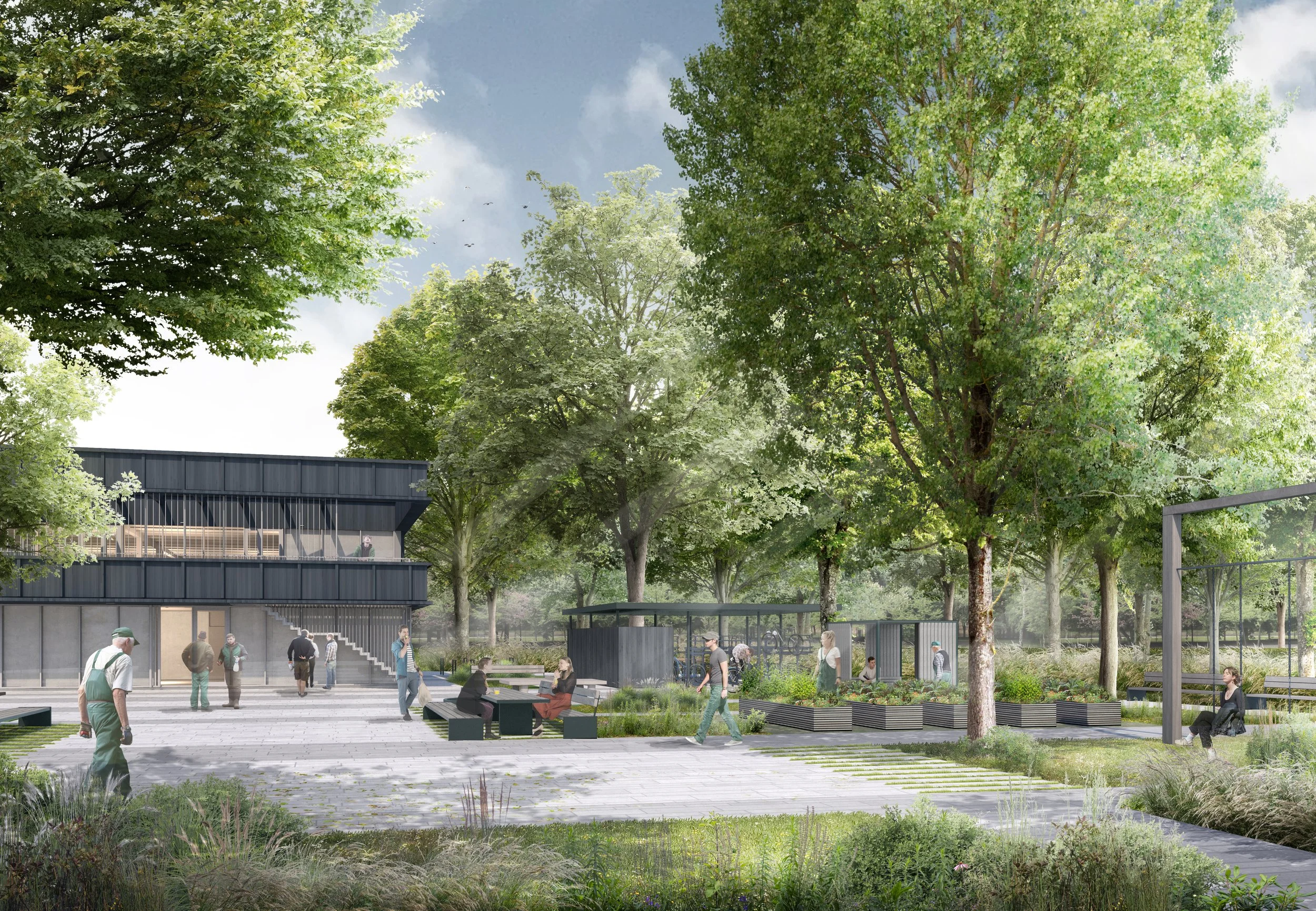 Ein moderner Stadtpark mit Bäumen, Bänken, Gehwegen und mehreren Menschen, die sich im Freien aufhalten.