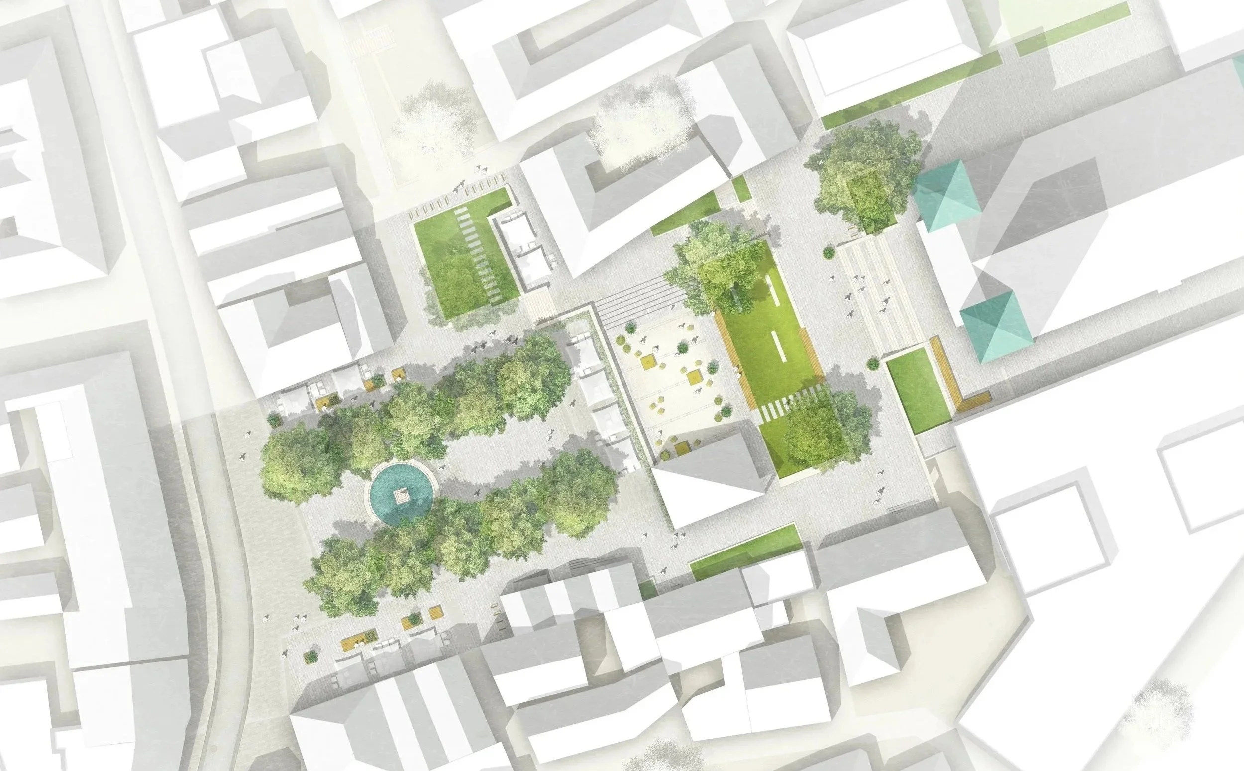 Luftaufnahme eines urbanen Parks mit Bäumen, Wegen und Sitzgelegenheiten, umgeben von Gebäuden.