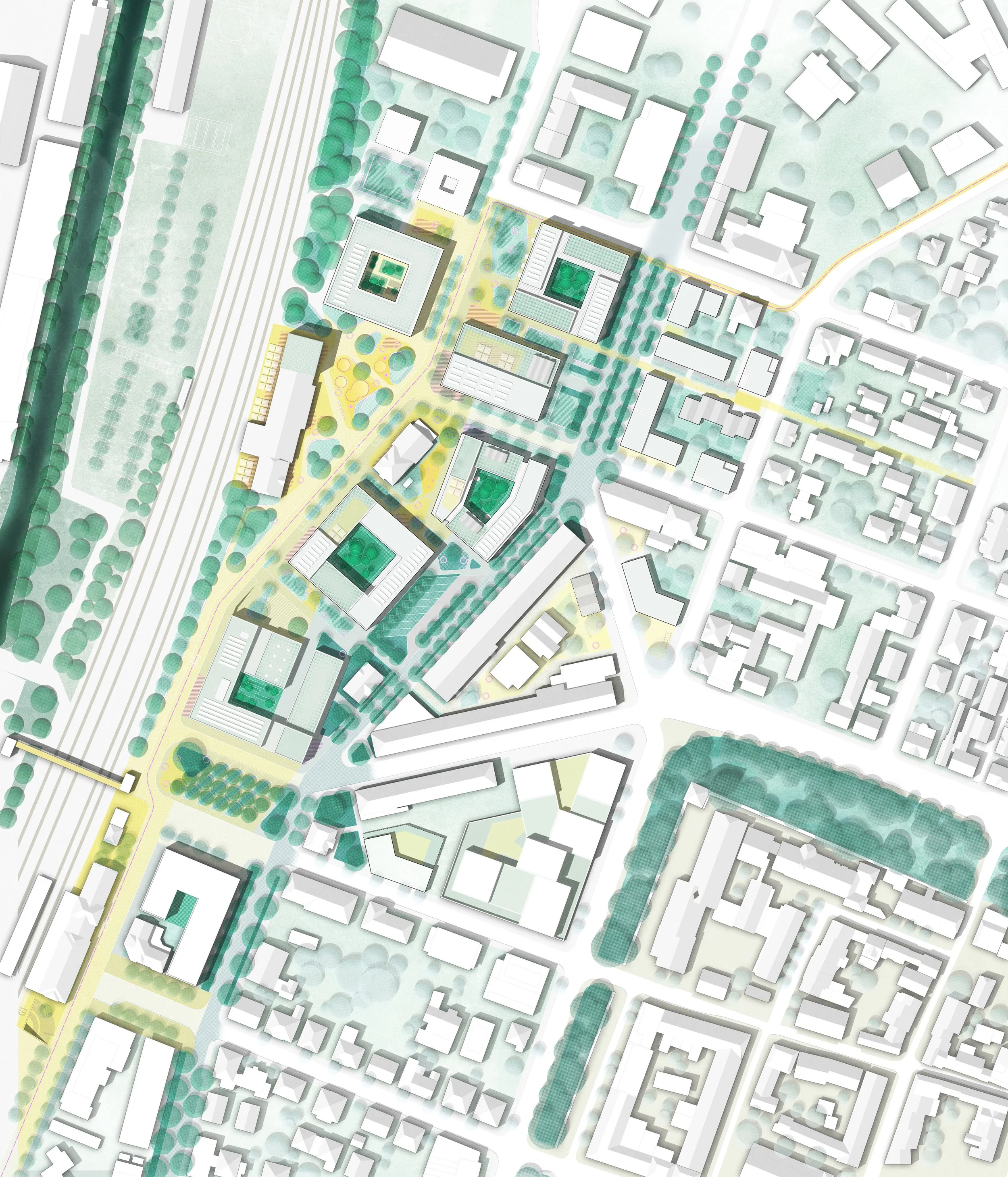 Stadtplan mit Gebäuden, Grünflächen, Bäumen und Straßen, wahrscheinlich ein Entwurf für einen städtischen Entwicklungs- oder Landschaftspark.