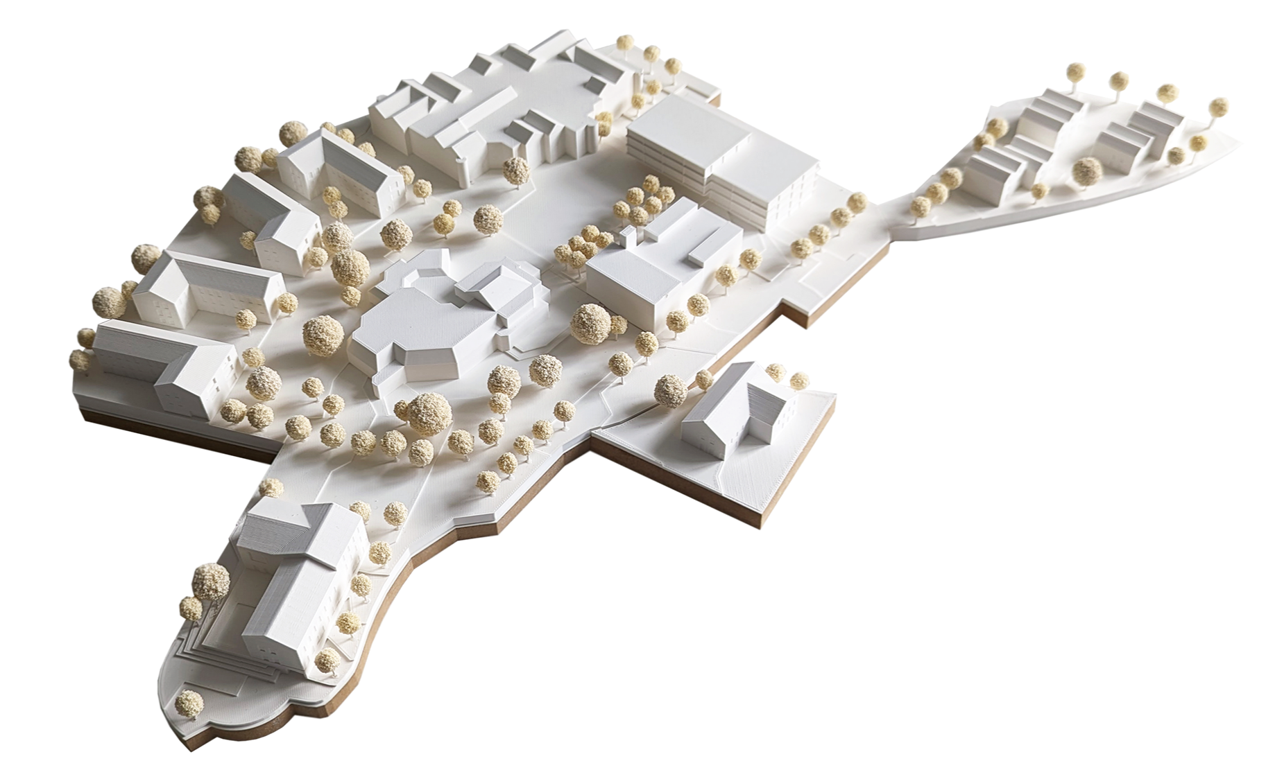 Modell eines zukünftigen urbanen Wohnviertels mit verschiedenen Gebäudetypen, Bäumen und Straßenlayout, in weißem Design.