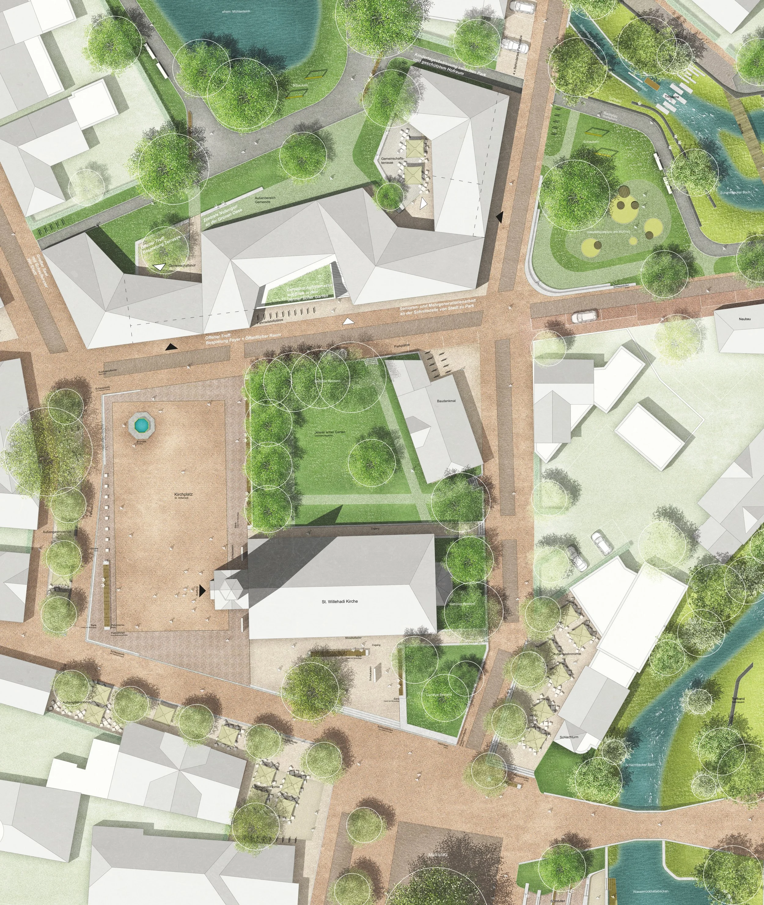 Birds eye view einer Parkanlage mit Bäumen, Wasserflächen, Wegen und verschiedenen Freizeitelementen, darunter Sitzbänke, Spielbereiche und ein gemeinschaftlicher Terrasse.