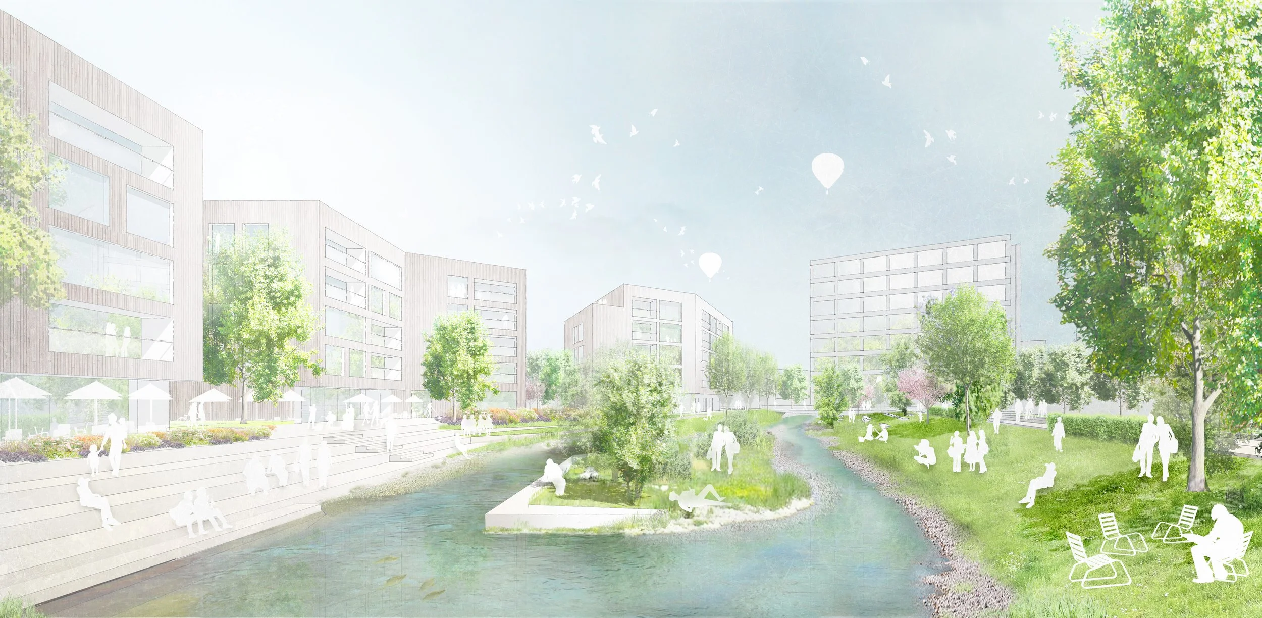 Ein moderner Stadtpark mit Wasser, Bäumen, Wiesen und mehreren weißen Gebäuden im Hintergrund. Menschen sitzen, spazieren und entspannen im Park, einige als Silhouetten, andere detaillierter, mit hellem Himmel und wenigen Wolken.