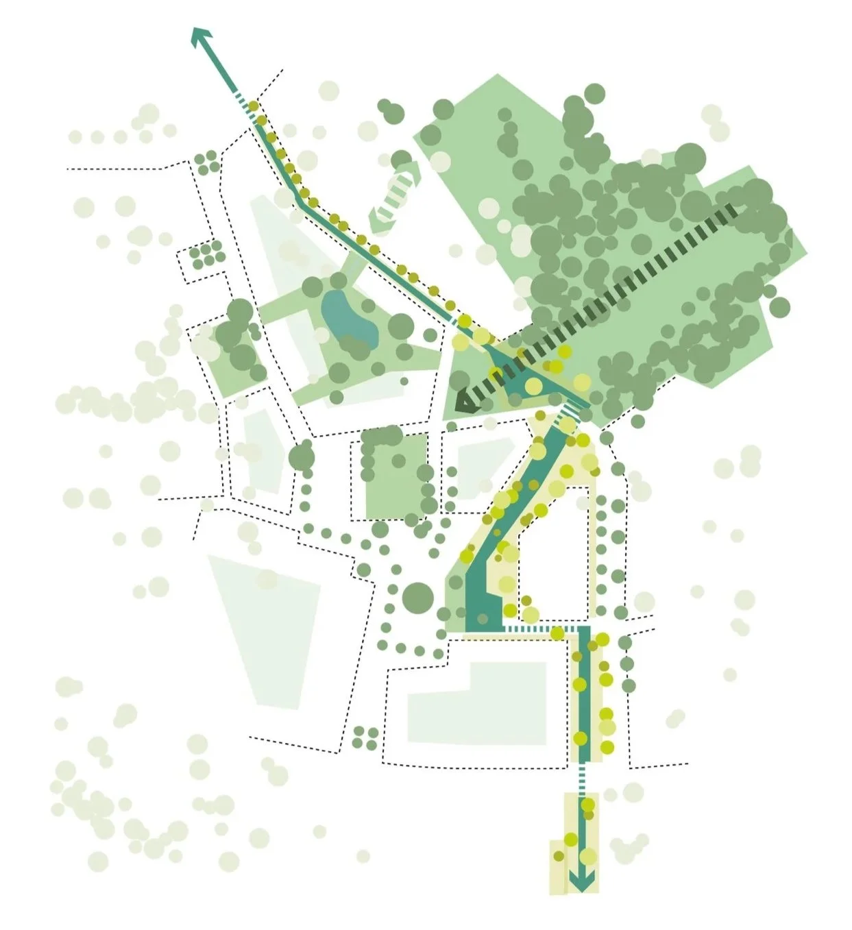 Lageplan eines Parks mit Wasserläufen, Gehwegen und grünen Flächen, dargestellt in Grüntönen und blauen Wasser, inklusive Wegeführung und Baumstandorten.