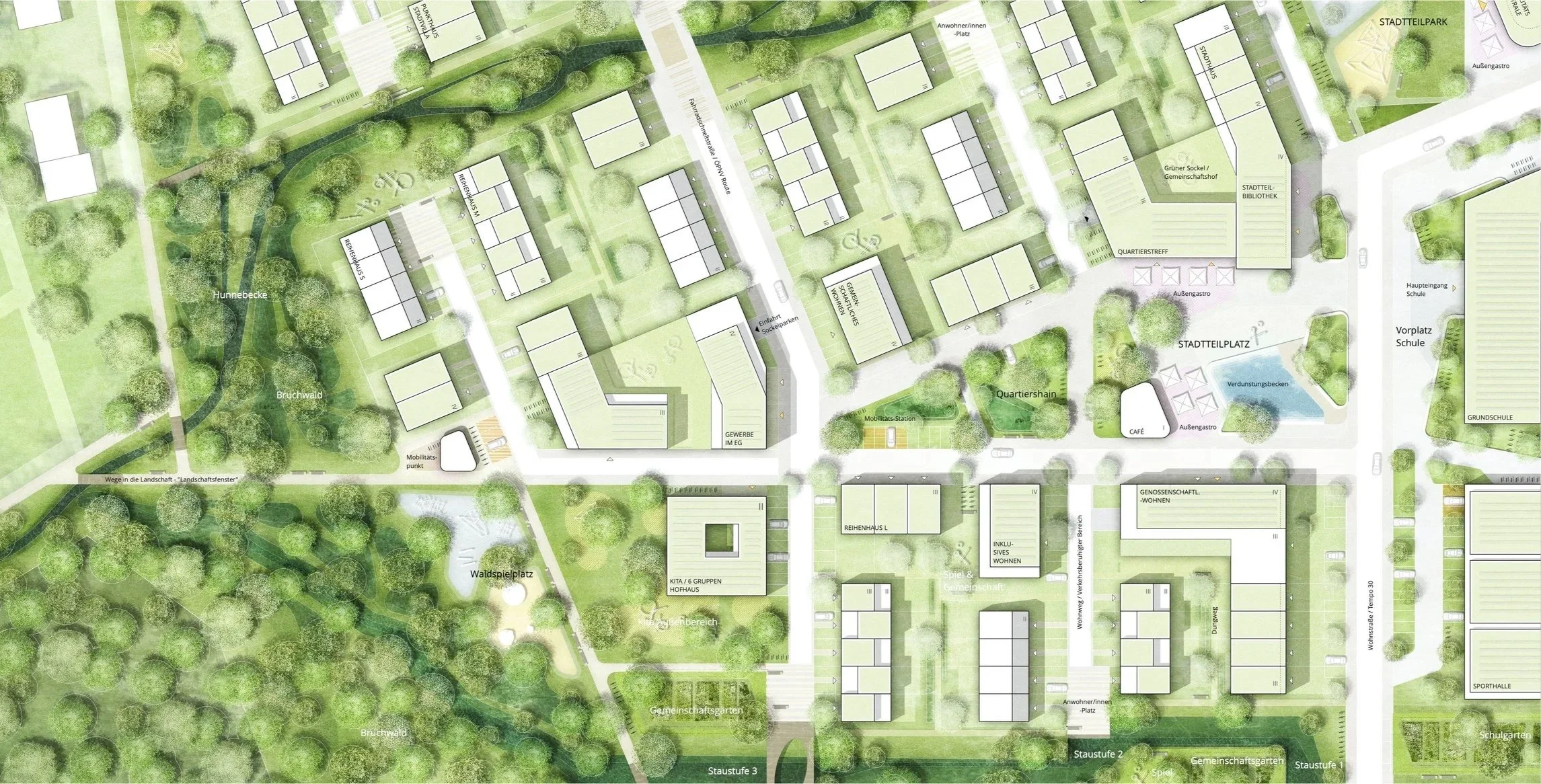 Luftbild eines Stadtparks mit Wegen, Bäumen, Wiesen und einzelnen Gebäuden. Es gibt verschiedene Platztypen wie Gemeinschaftsgärten, Spielplätze, eine Sporthalle und eine Schule. Der Park ist grün und naturnah gestaltet.