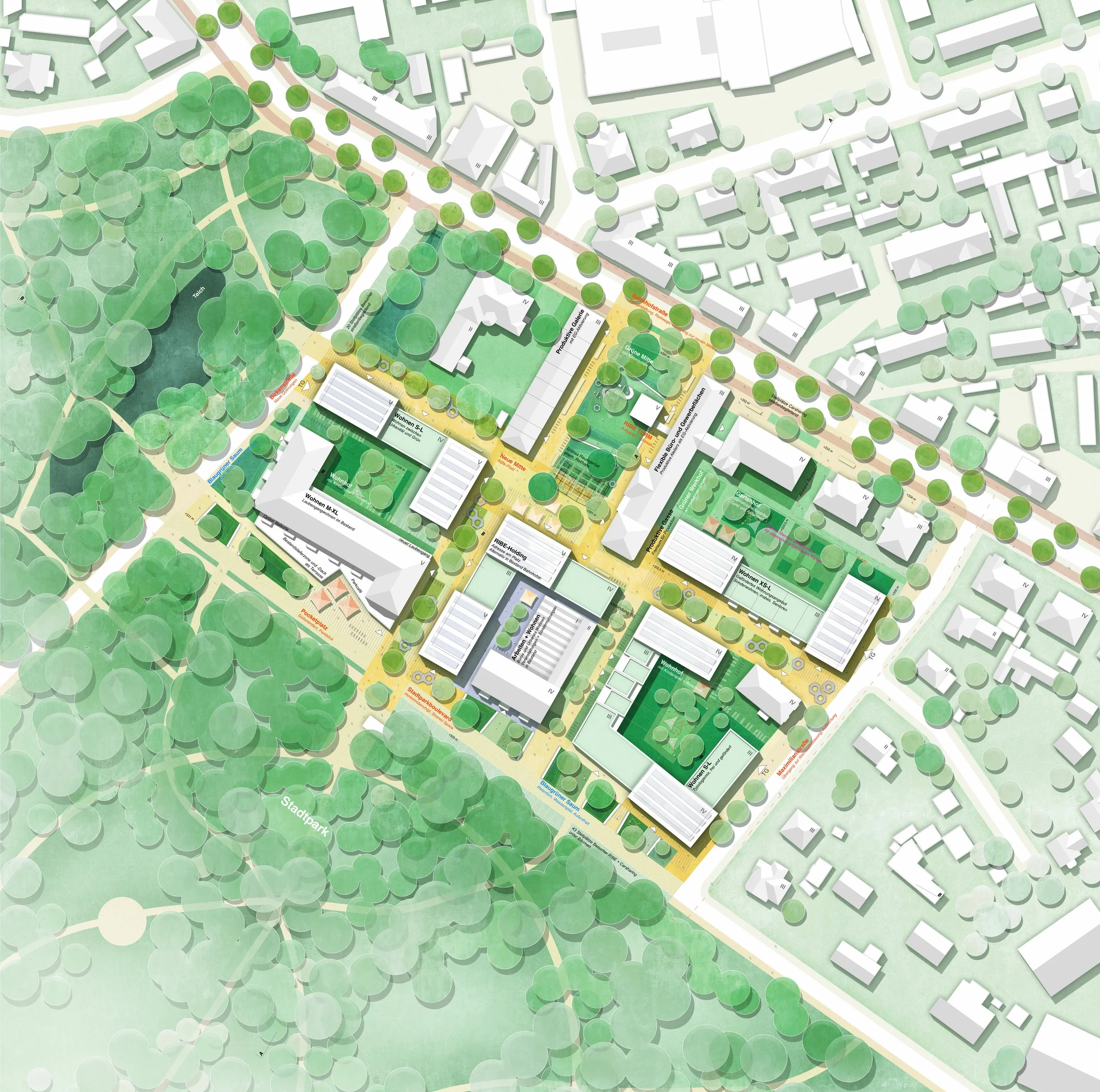 Luftaufnahme eines Stadtparks mit vielen Bäumen und Uferbereich, umgeben von Gebäuden und Straßen, inklusive Wege und Parkanlagen.