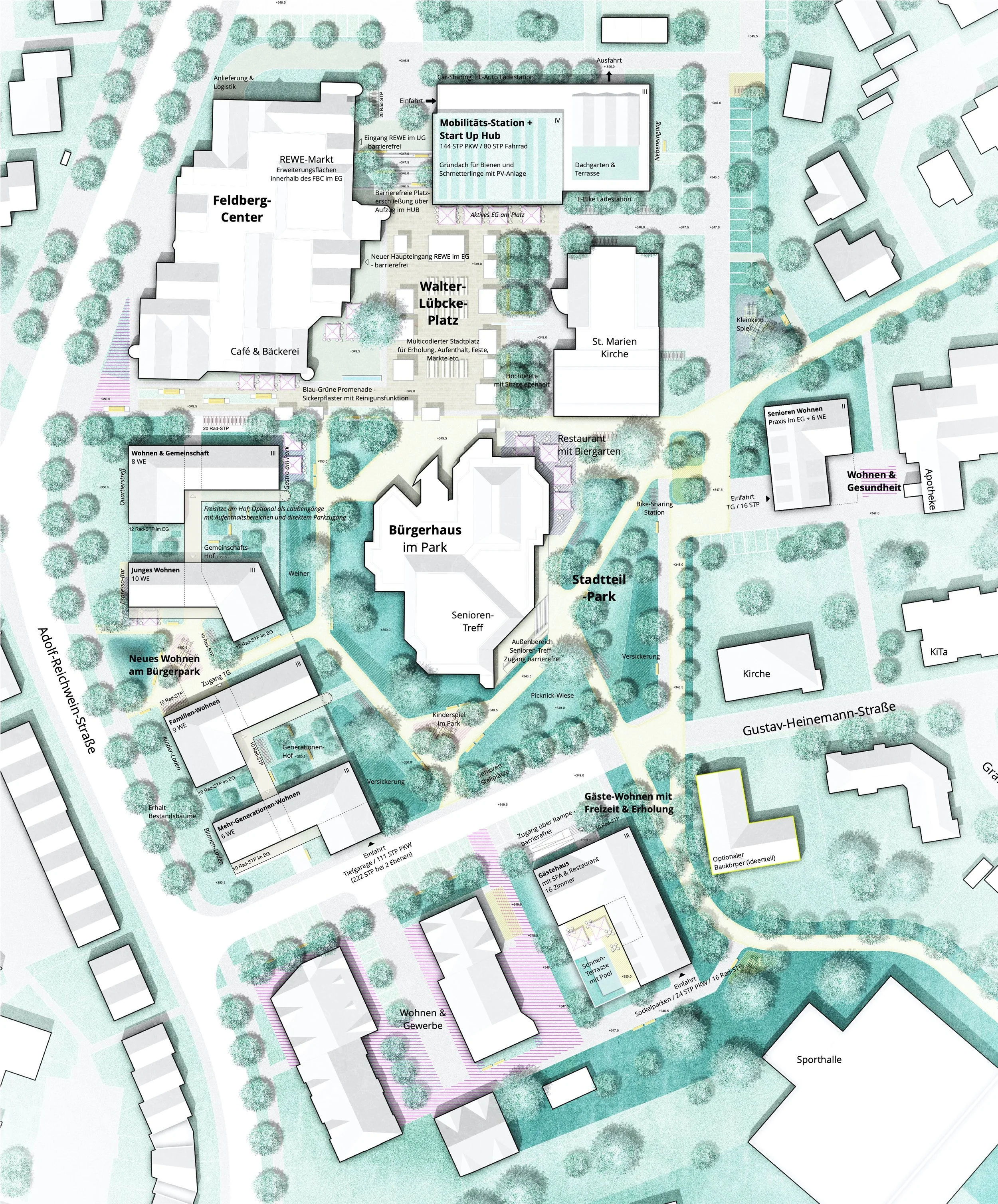 Ein Stadtplan mit angelegten Gebäuden, Straßen, Parkflächen, Grünflächen und Wegführungen. Highlight: Mobilitäts-Station, Rathaus, verschiedene Wohneinheiten, Sporthalle, Garten und Parks.