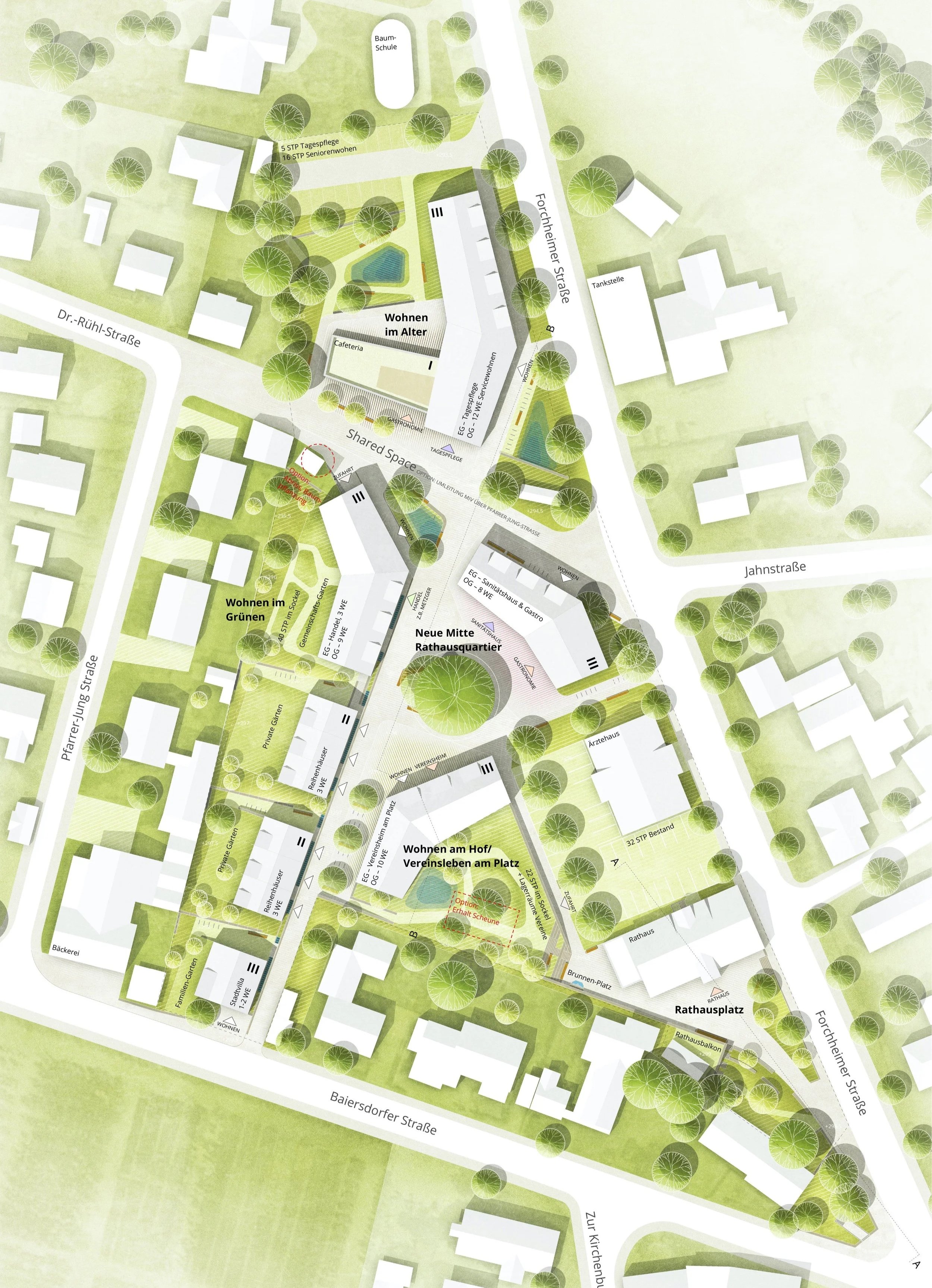 Lageplan eines öffentlichen Platzes mit Wiesen, Bäumen, Gebäuden und Wegen. Markierte Flächen für Wohnen im Alter, gemeinsames Wohnen und neue Mitte für das Rathausquartier. Straßenbezeichnungen wie Baierdorfer Straße und Jahnstraße sind sichtbar.