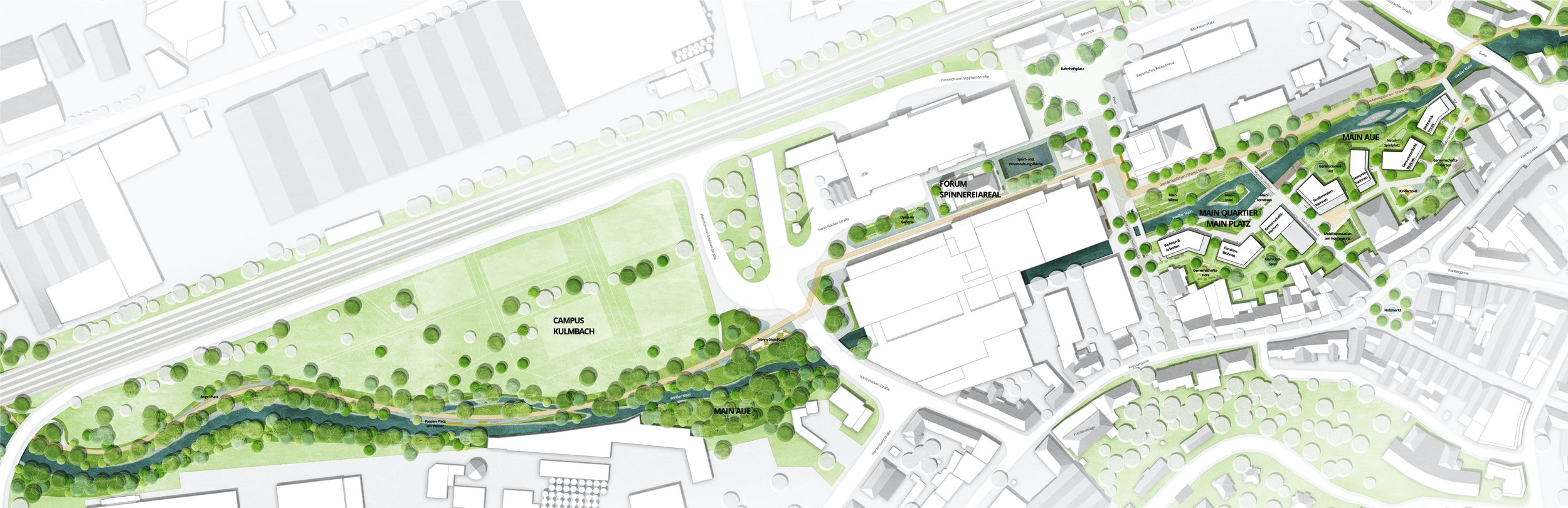 Lageplan eines Stadtparks mit Bereichen wie Campus Kulmbach, Forum Spinneriera, Main Aue, Main Quartier, Main Platz und Hauptahnen mit Wegen, Bäumen, Wasserflächen und Gebäuden.