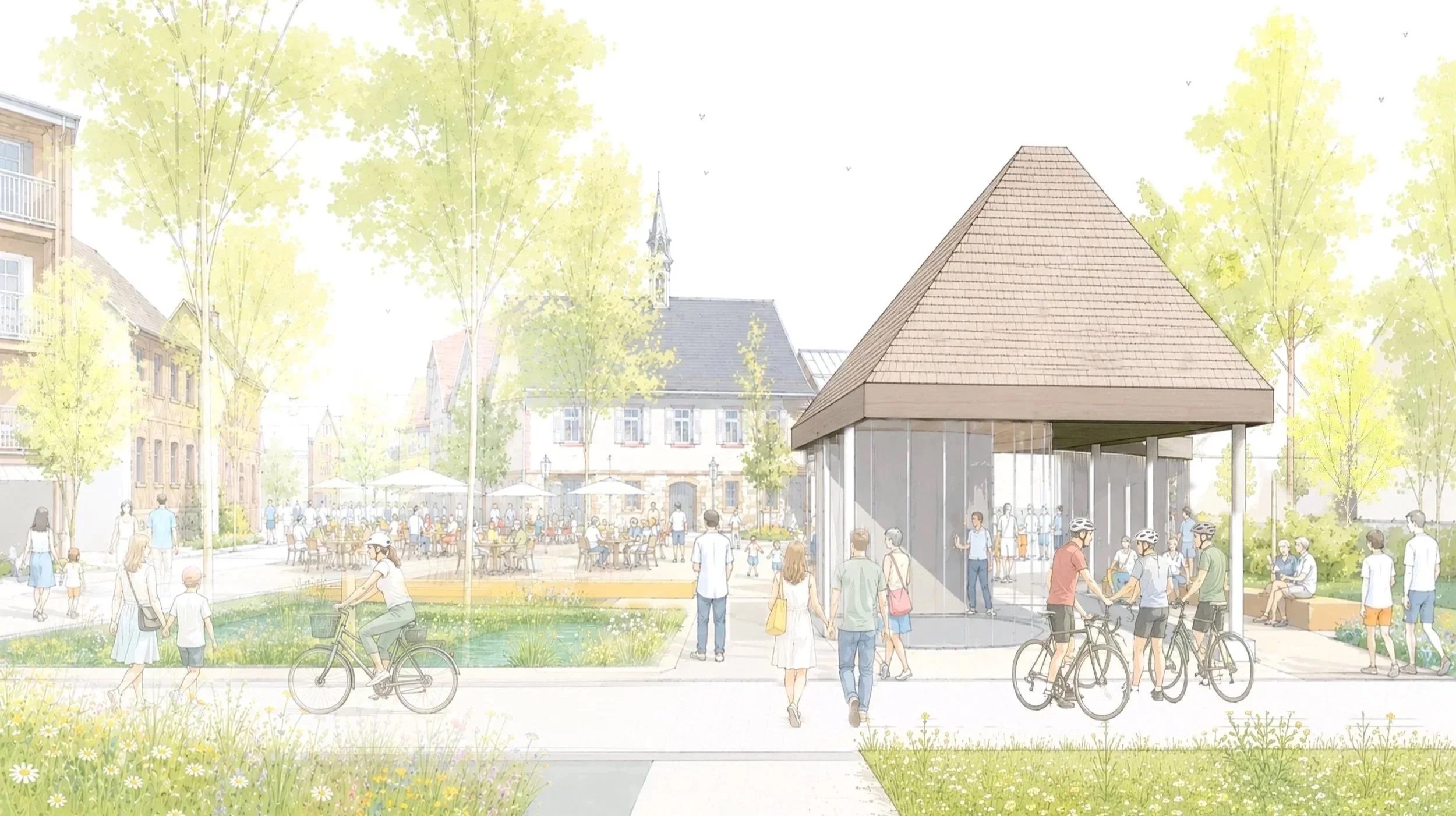 Bürgerpark mit Bäumen, Menschen, Sitzgelegenheiten, Fahrradfahrern und einem überdachten Bereich in einer Stadt.