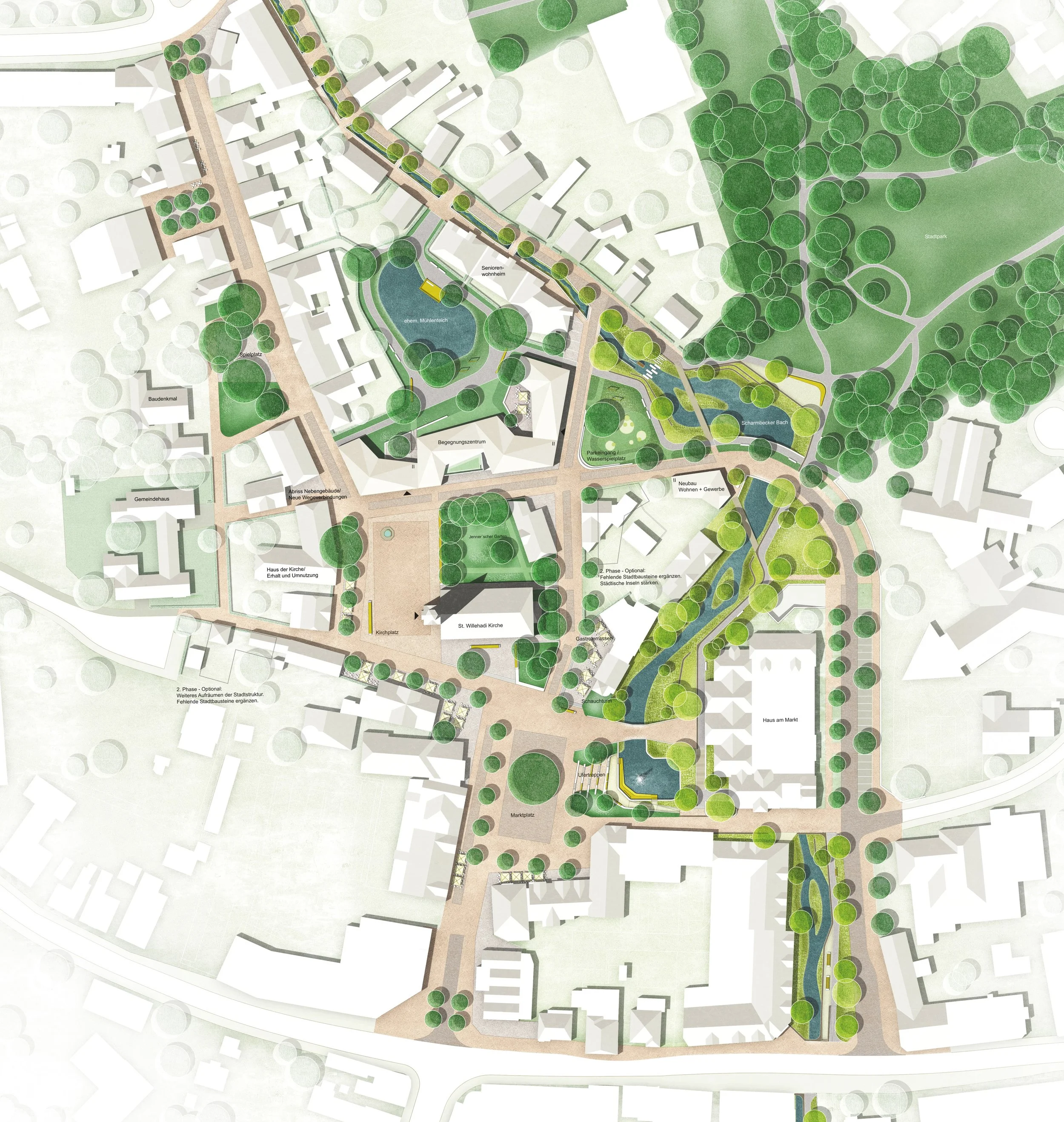 Ein detaillierter städtischer Parkplan mit Wasserflächen, Bäumen, Wegen, Spielplätzen, einem Gemeinschaftshaus, einem alten Mühlenteich und einer Kirche.