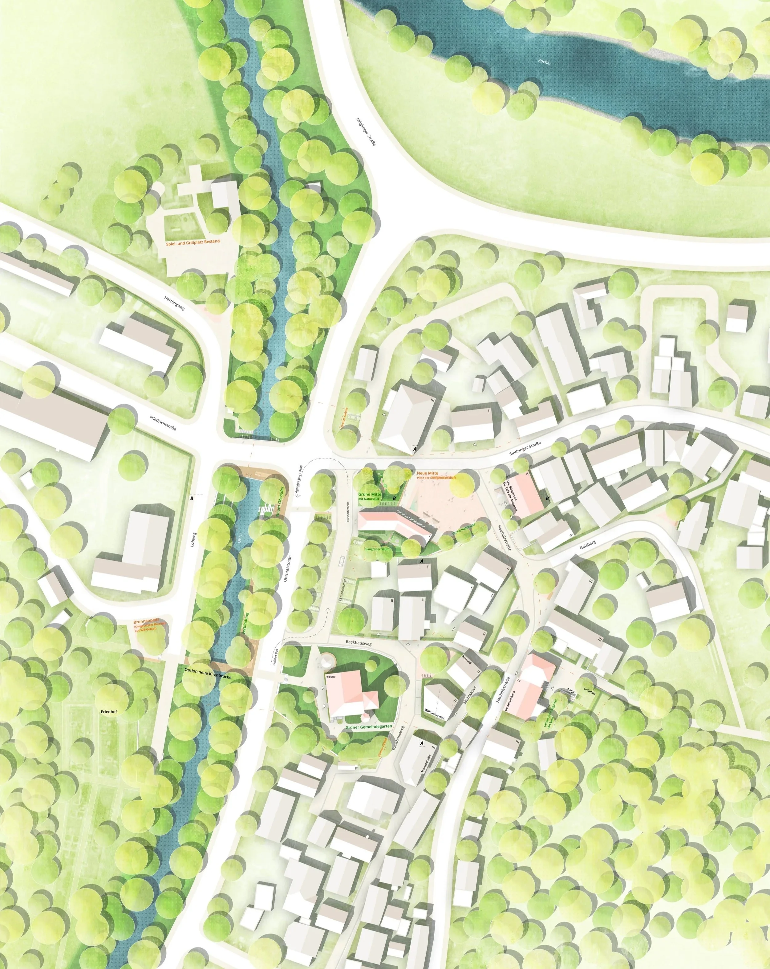 Ein Kartenplan eines Stadtteils mit Straßen, Gebäuden, Flüssen und Grünflächen, inklusive Parks und einem Spielplatz, auf Deutsch beschriftet.