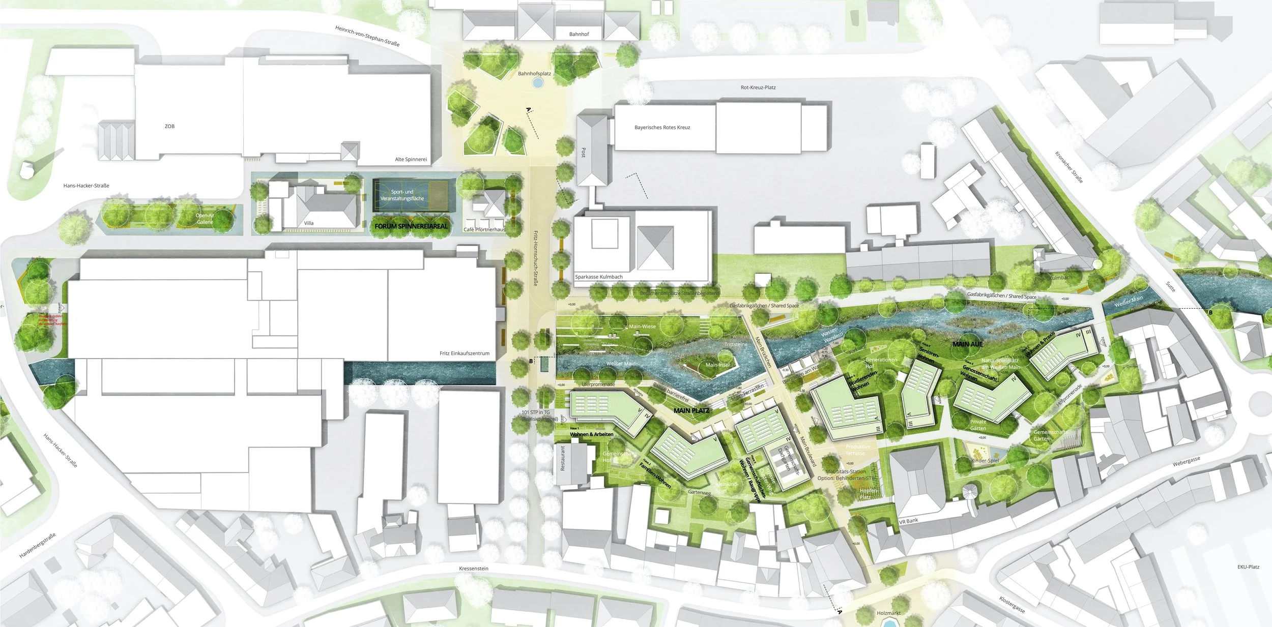 Lageplan eines Parks mit Wasserflächen, Grünflächen, Wegen und Gebäuden, inklusive Markierungen für verschiedene Bereiche wie MAIN PLATZ, Senioren, Gärten und Gemeinschaftsflächen.