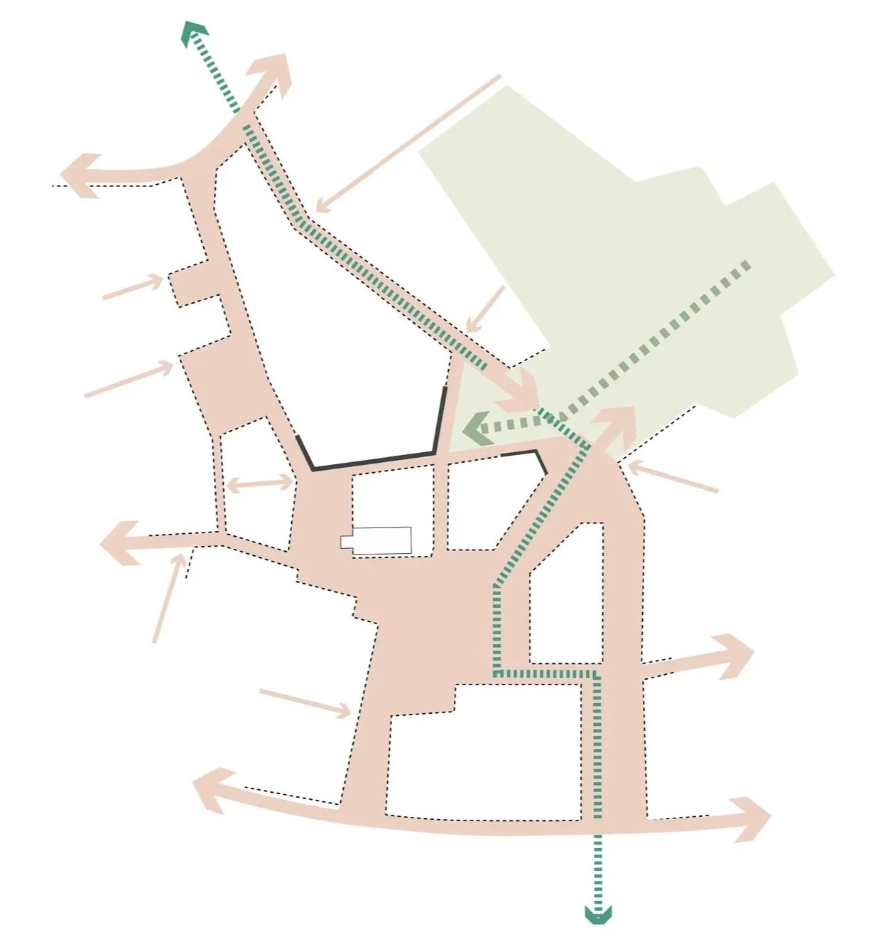 Der Plan zeigt einen Gebäudekomplex mit verschiedenen Wegen, Ein- und Ausfahrten sowie eine grüne Fläche im rechten oberen Bereich. Differenzierte Linien und Pfeile markieren Wege und Richtungen innerhalb und außerhalb des Komplexes.