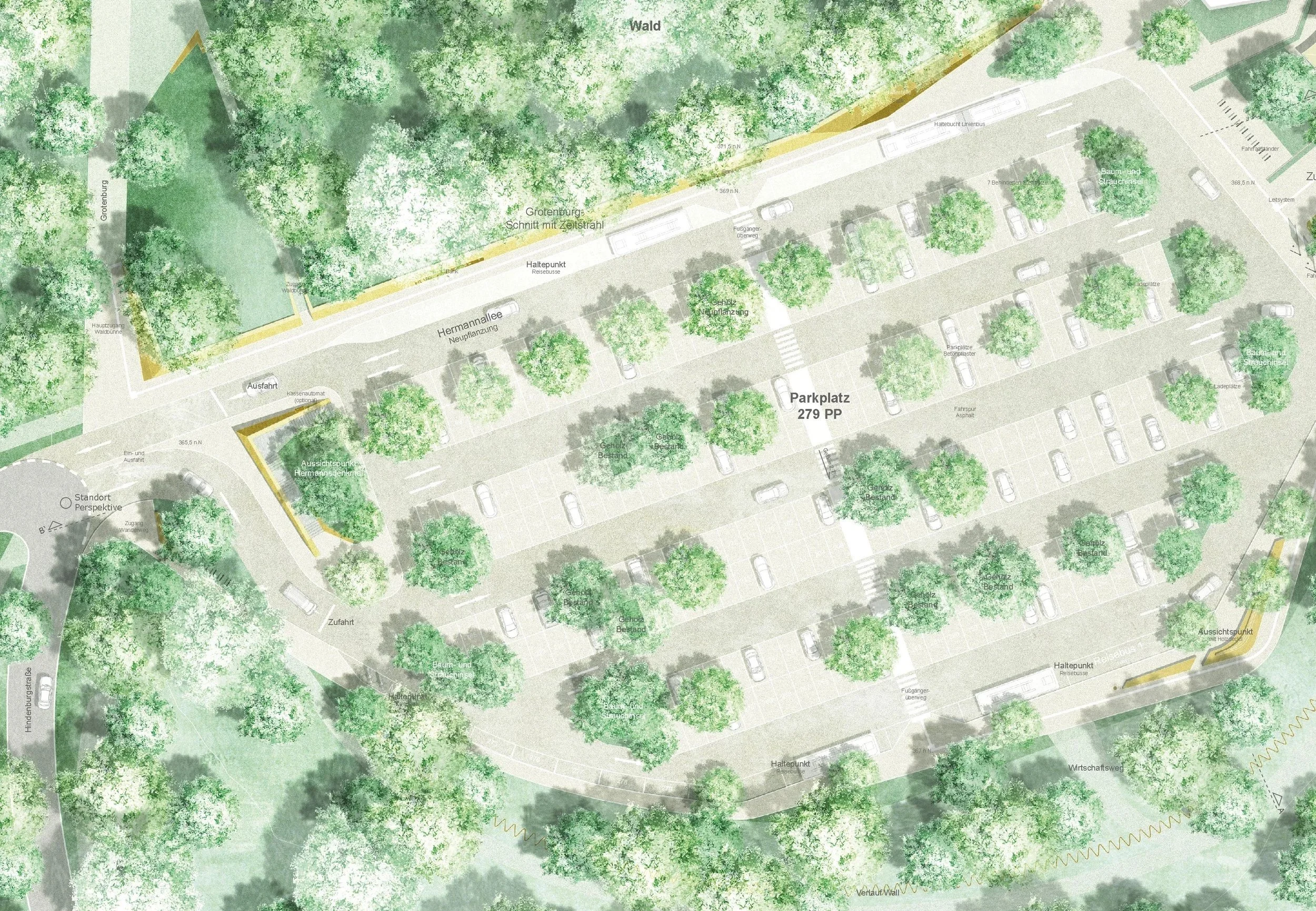 Luftaufnahme eines Parks mit vielen Bäumen, Parkplätzen und Straßen, die ihn umgeben.