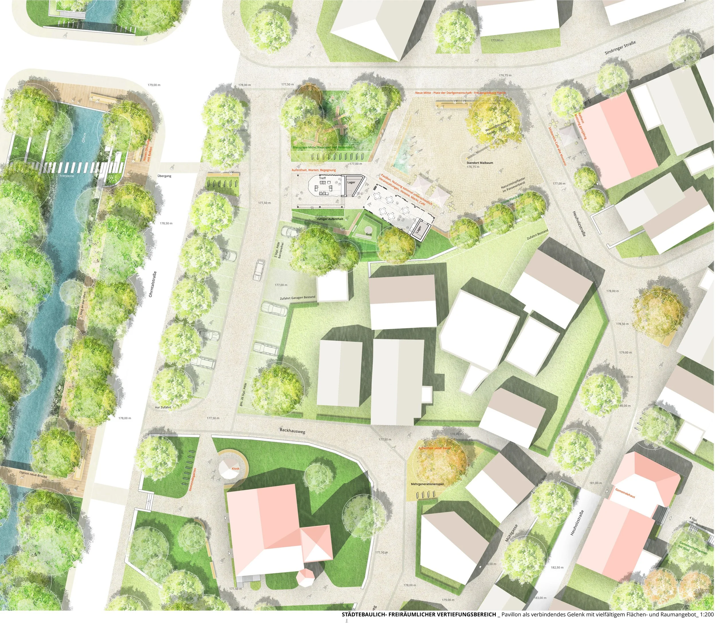Lageplan eines urbanen Freiraumprojekts mit Grünflächen, Wasser, Wegen und Gebäuden. Es sind Bäume, Sitzelemente, Wege, Wasserflächen und Spielbereiche zusehen, mit Markierungen und Beschriftungen auf Deutsch.