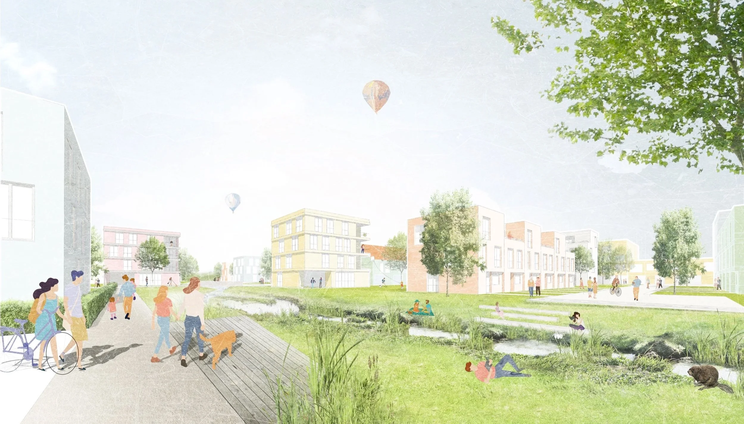 Eine Illustration eines städtischen Parks mit Menschen, die spazieren gehen, Fahrrad fahren und sich entspannen, umgeben von modernen Gebäuden und Bäumen, mit Heißluftballons im Himmel.
