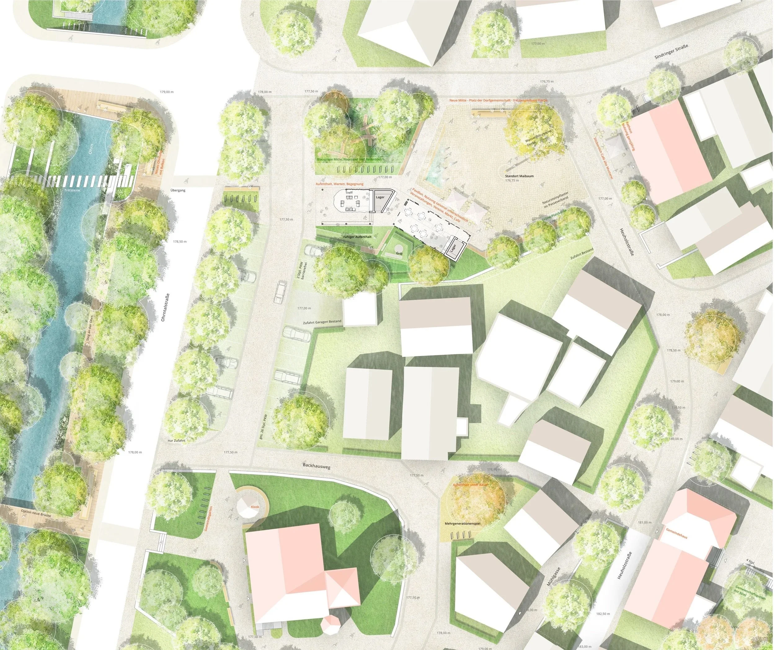 Das Bild zeigt einen detaillierten Plan eines öffentlichen Parks mit Bäumen, Wasserflächen, Wegen und grillplatz mit Sitzbänken. Es gibt Beschriftungen in deutscher Sprache, die verschiedene Bereiche wie eine Neue Mitte, Wasserberuhigte Decke sowie Wege, Plätze und Sitzgelegenheiten markieren.