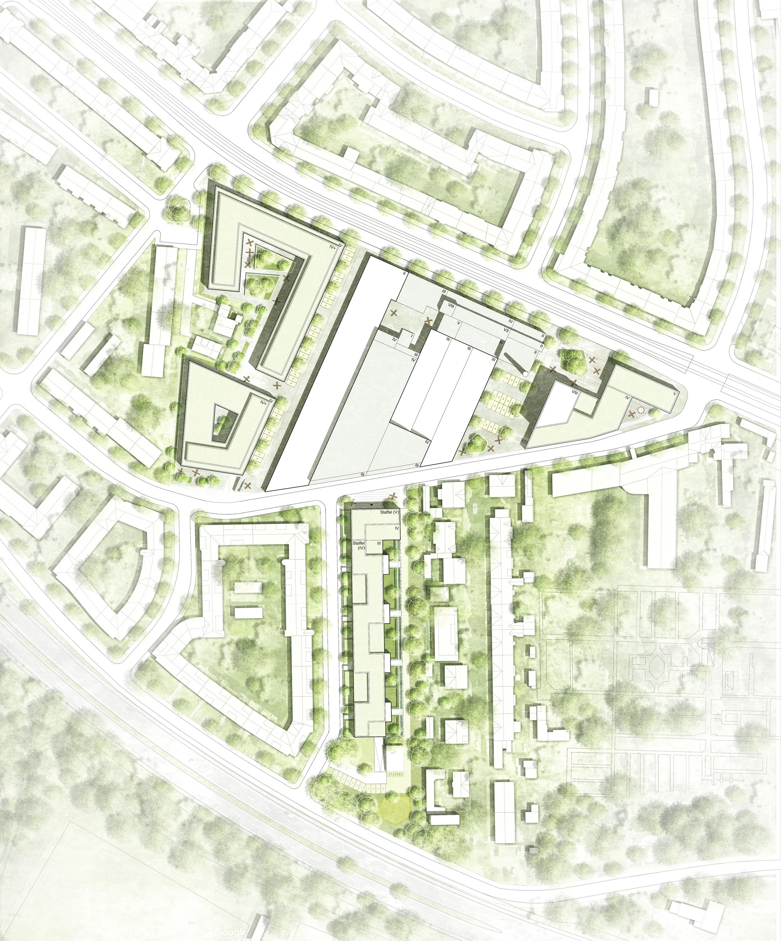 Luftaufnahme eines städtischen Planungsentwurfs mit Gebäuden, Straßen, Bäumen und Grünflächen in einem urbanen Gebiet.