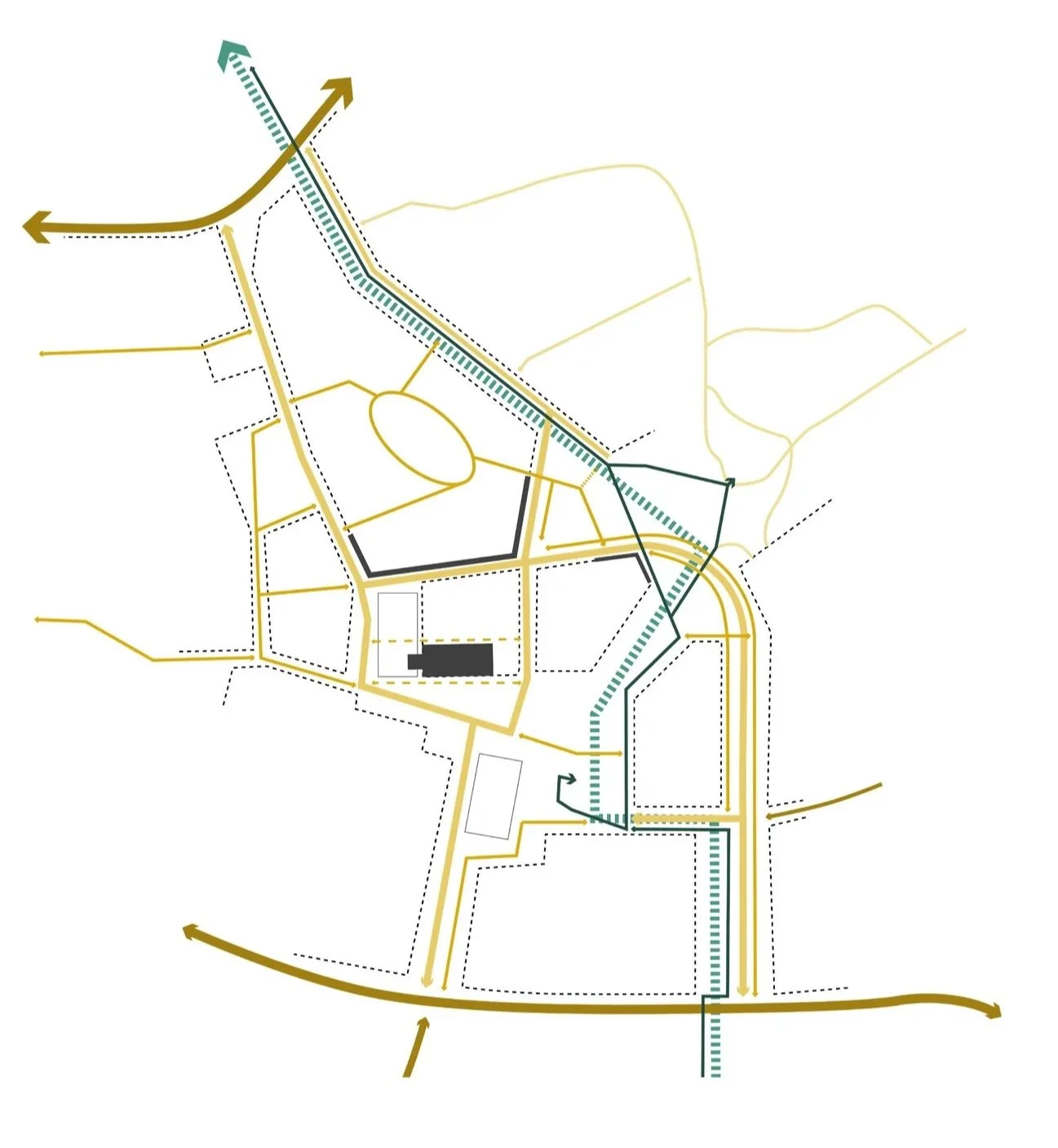 Lageplan einer Stadt mit Straßen, Wegen und Gebäuden, farblich markiert mit gelben, schwarzen und grünen Linien und Pfeilen.