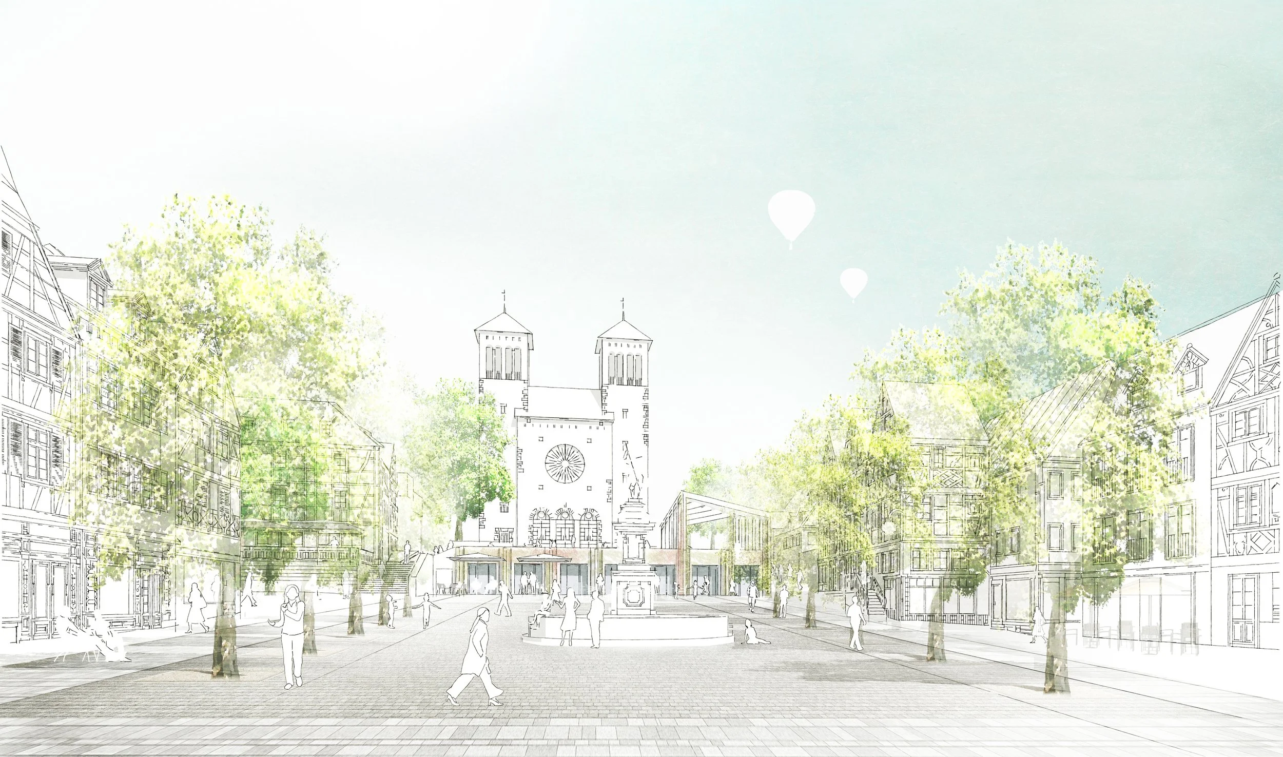 Zeichnung eines Stadtplatzes mit historischen Gebäuden, Bäumen, Brunnen und Menschen, im Hintergrund eine Kirche mit zwei Türmen, der Himmel ist hellblau.