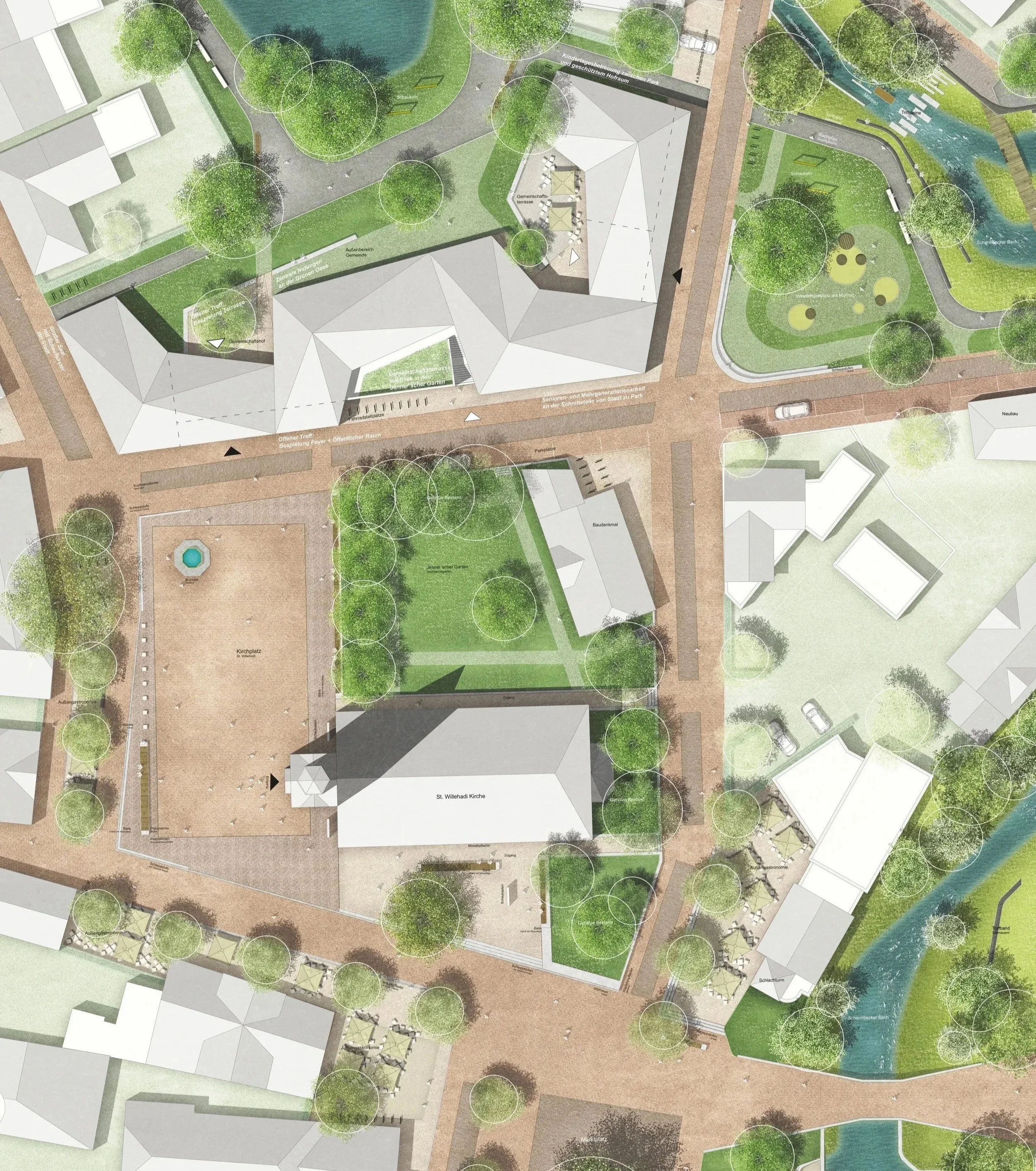 Detaillierter Plan eines Park- und Gartenbereichs mit Bäumen, Wasserflächen, Wegen und verschiedenen Sitzbereichen. Es zeigt auch eine Kirche, Wege für Fußgänger und Fahrräder sowie diverse Grünflächen und Wasserbäche.