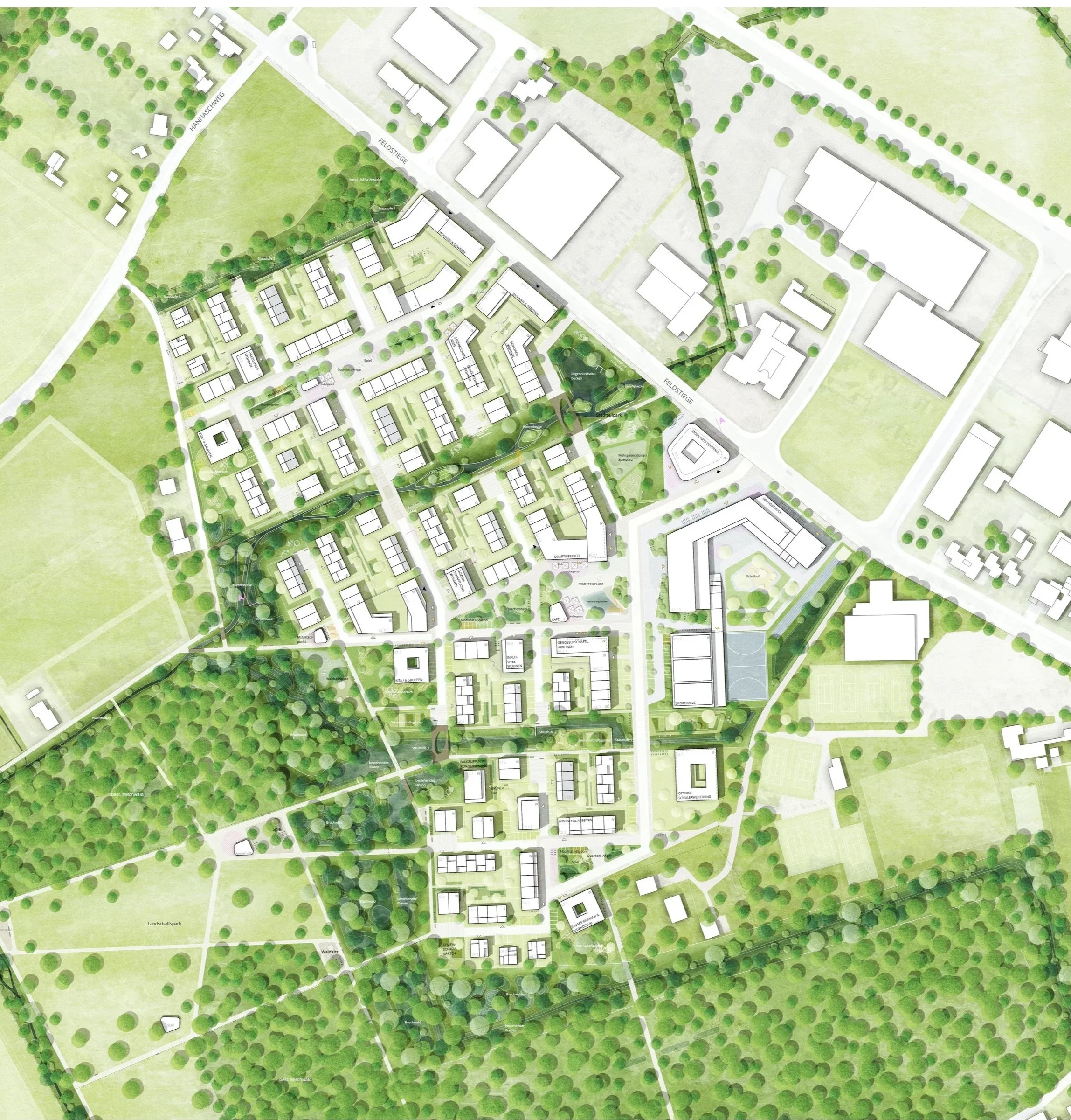 Luftbild einer Stadt mit Wohnhäusern, Straßen, Grünflächen, Parks und einem Sportzentrum.