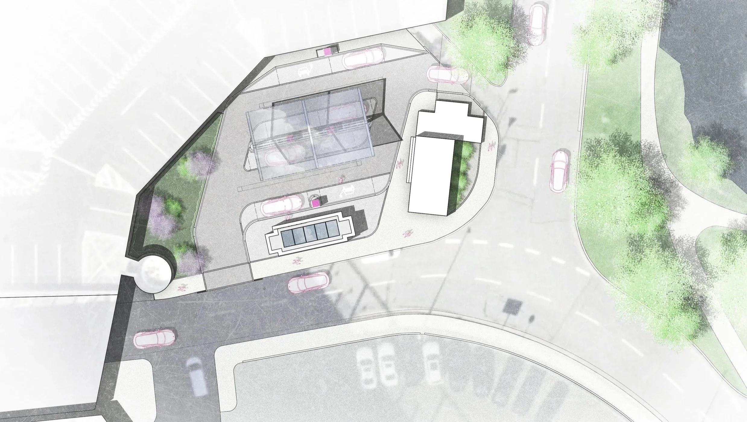 Architektonischer Entwurfsplan eines Gebäudes mit Parkplätzen, Grünflächen und Straßenansicht.