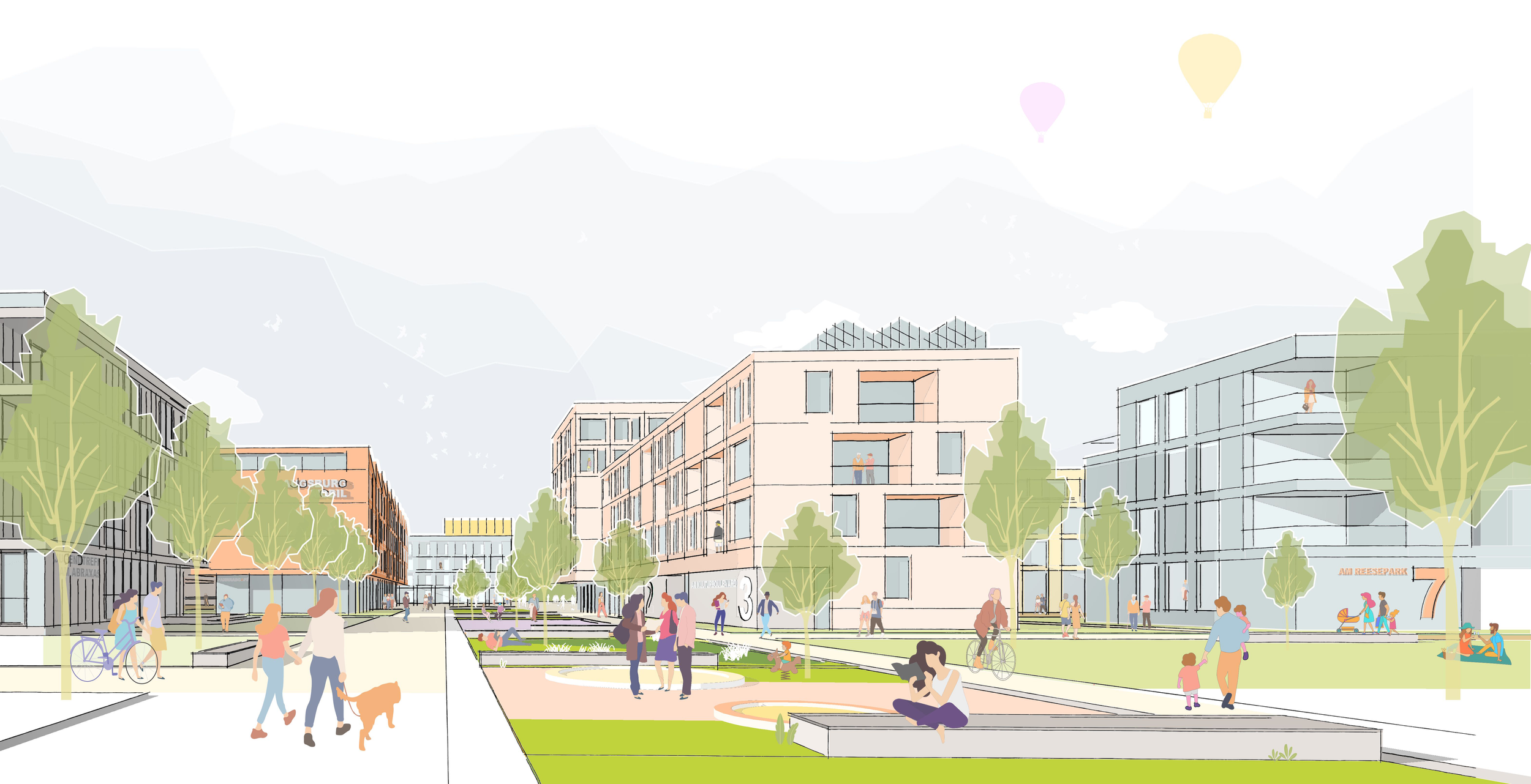 Illustration eines modernen urbanen Stadtviertels mit Menschen, Bäumen, Gebäuden und Freizeitaktivitäten.