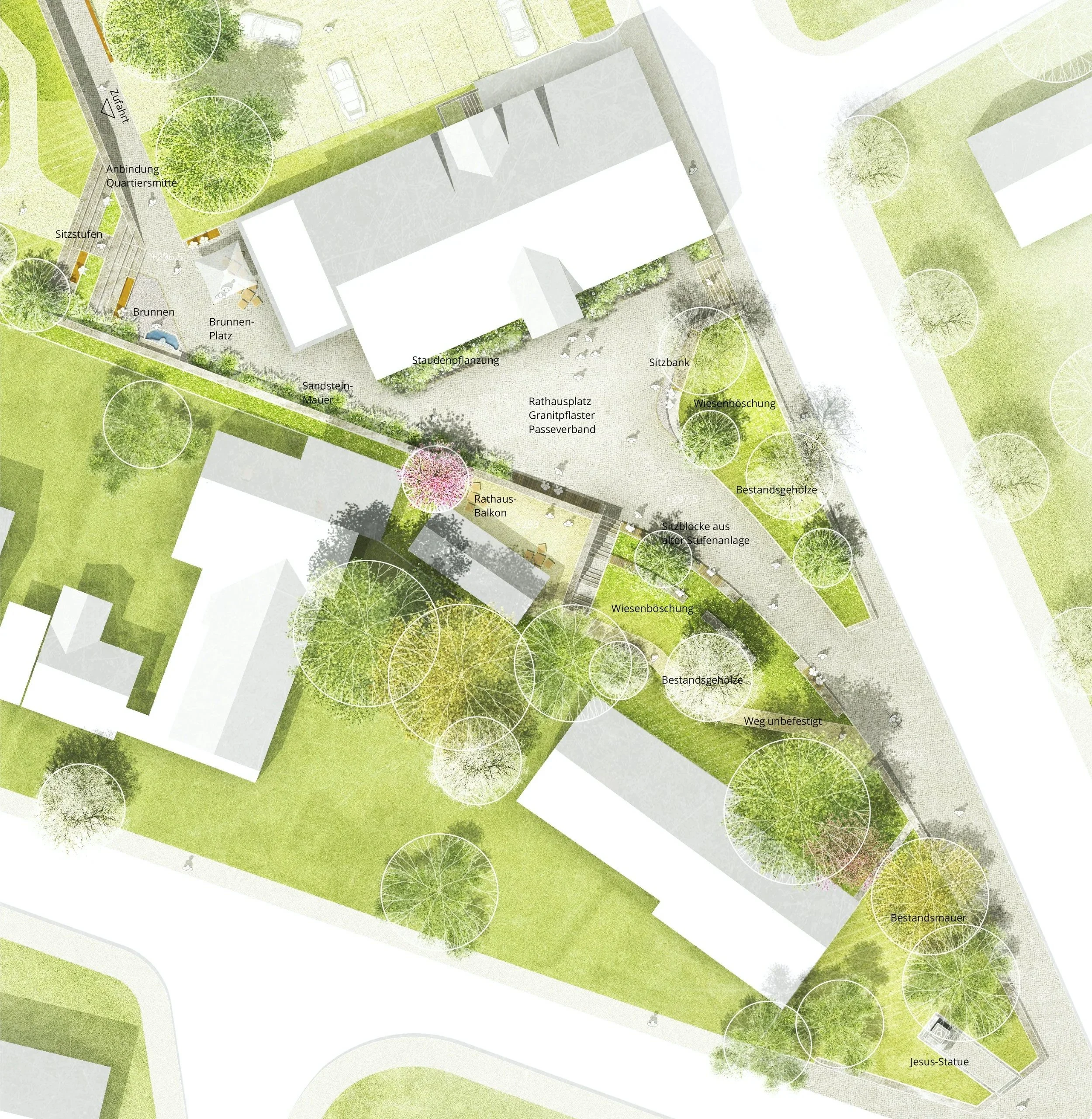 Lageplan eines Parks mit Bäumen, Wegen und Sitzgelegenheiten, markiert mit verschiedenen Grünflächen, Skulpturen und einem Wasserbrunnen.
