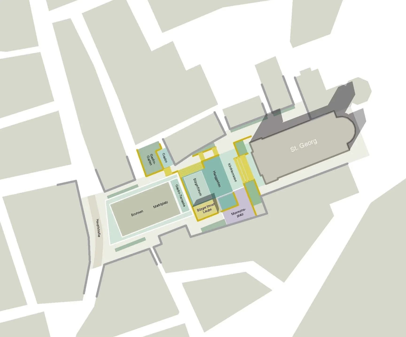 Lageplan einer historischen Gebäudeanlage mit verschiedenen Bereichen wie Museum, Marktplatz, Brunnen und Gärten, umgeben von Straßen und Gebäuden.
