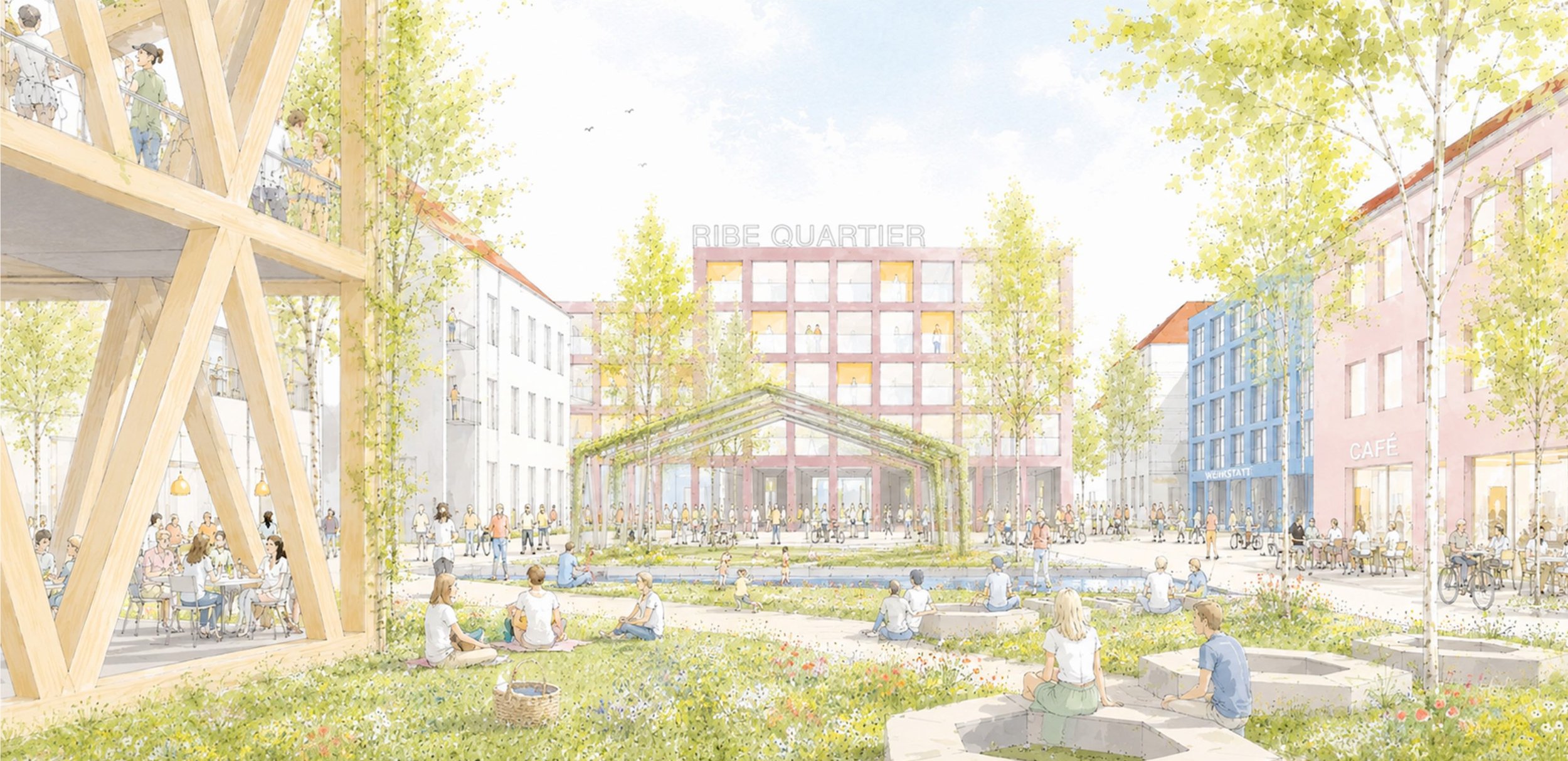 Eine lebendige städtische Parkszene mit vielen Menschen, Bäumen und Gebäuden, darunter ein pinkfarbenes Gebäude mit der Aufschrift 'RIBE QUARTIER'.