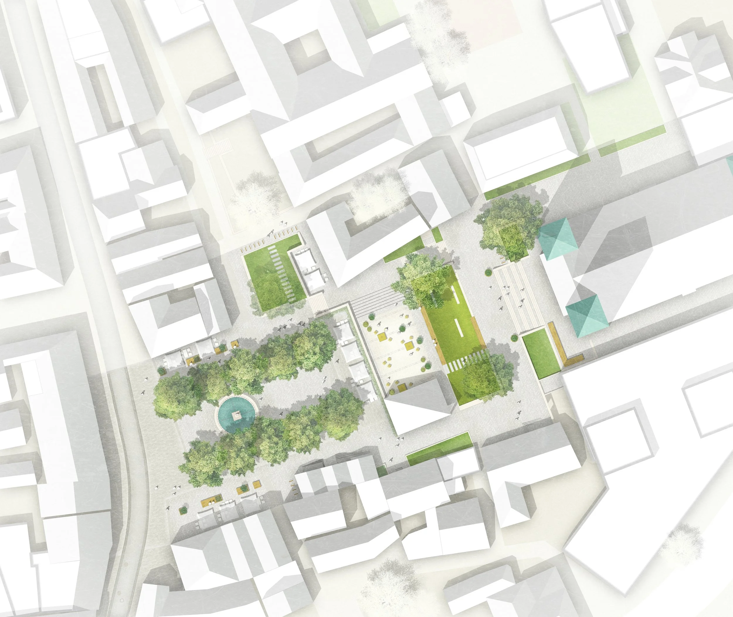 Luftaufnahme einer Stadt mit Gebäuden, Grünflächen, Bäumen und einem zentralen Platz mit Wasserfontäne.