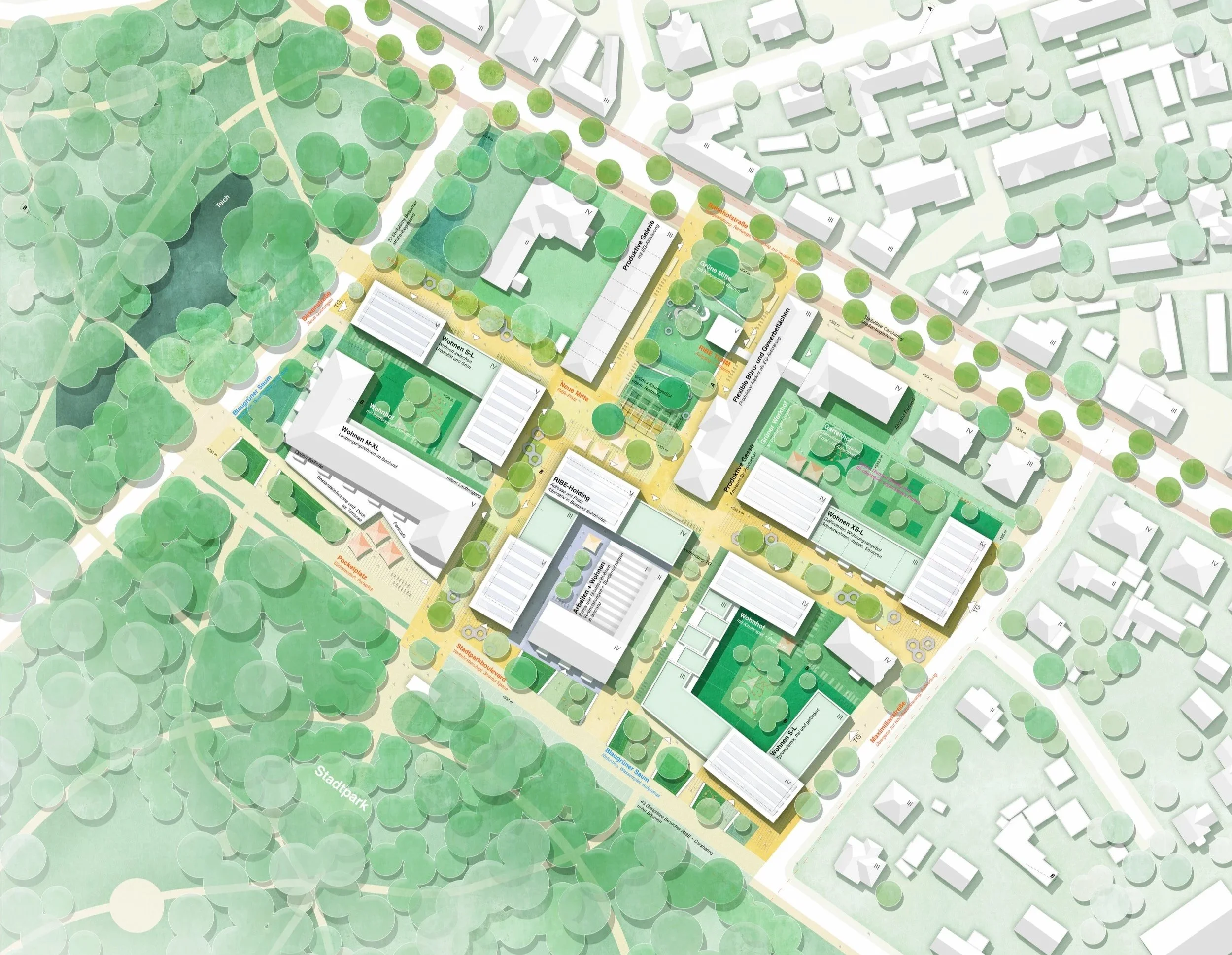 Ein urbaner Stadtplan mit Grünflächen, Bäumen, Gebäuden und Wegen, inklusive Park und Wasserelementen.