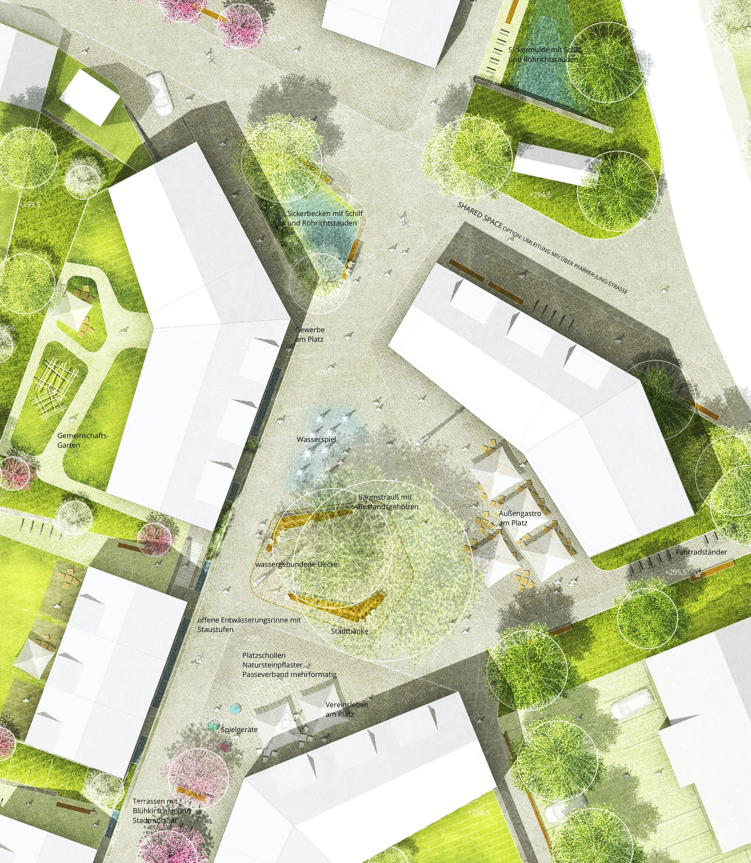 Lageplan eines Stadtfestplatzes mit verschiedenen Bereichen wie Gemeinschaftsgarten, Spielgeräten, Wasserbecken, Außengastro, Fahrradständer, Terrassen, Pflasterflächen und Bäumen, die alle mit Beschriftungen versehen sind.