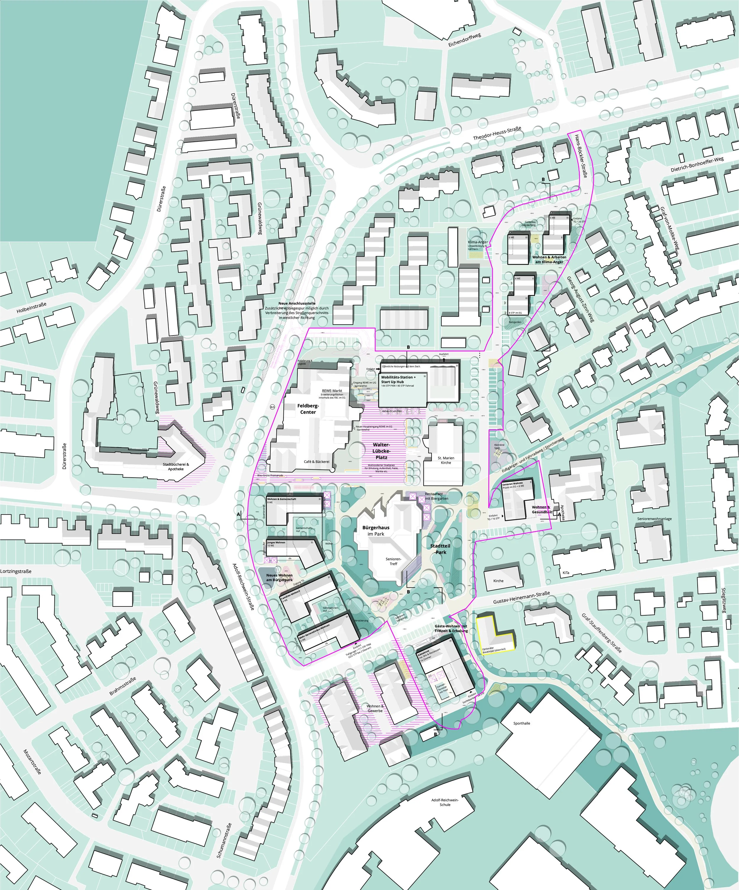 Ein Kartenplan eines Stadtviertels mit Gebäuden, Straßen, Parks und weiteren urbanen Elementen, inklusive Beschriftungen und Linien für verschiedene Infrastrukturprojekte.