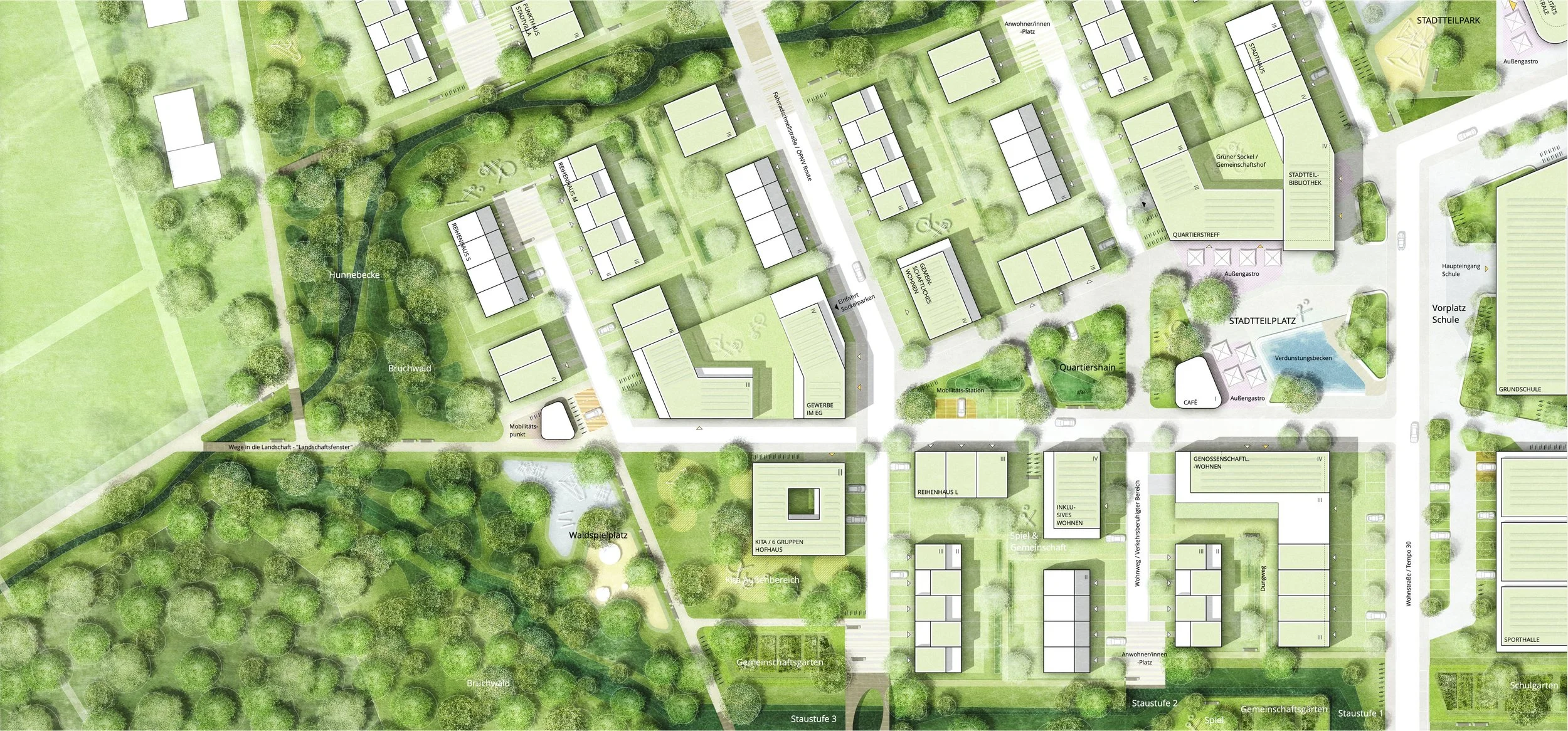 Ein detaillierter Stadtplan mit Grünflächen, Gebäuden, Wegen, Parkplätzen und Gewässern, der die urbane Landschaft zeigt.