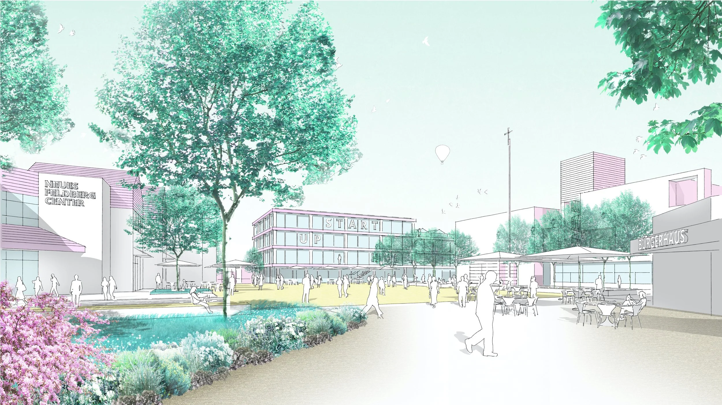 Illustration eines öffentlichen Platzes mit Bäumen, Menschen und Gebäuden, darunter das Neues Feldberg Center, ein Start-up-Gebäude und ein Bürgerhaus, mit Sitzgelegenheiten im Freien.