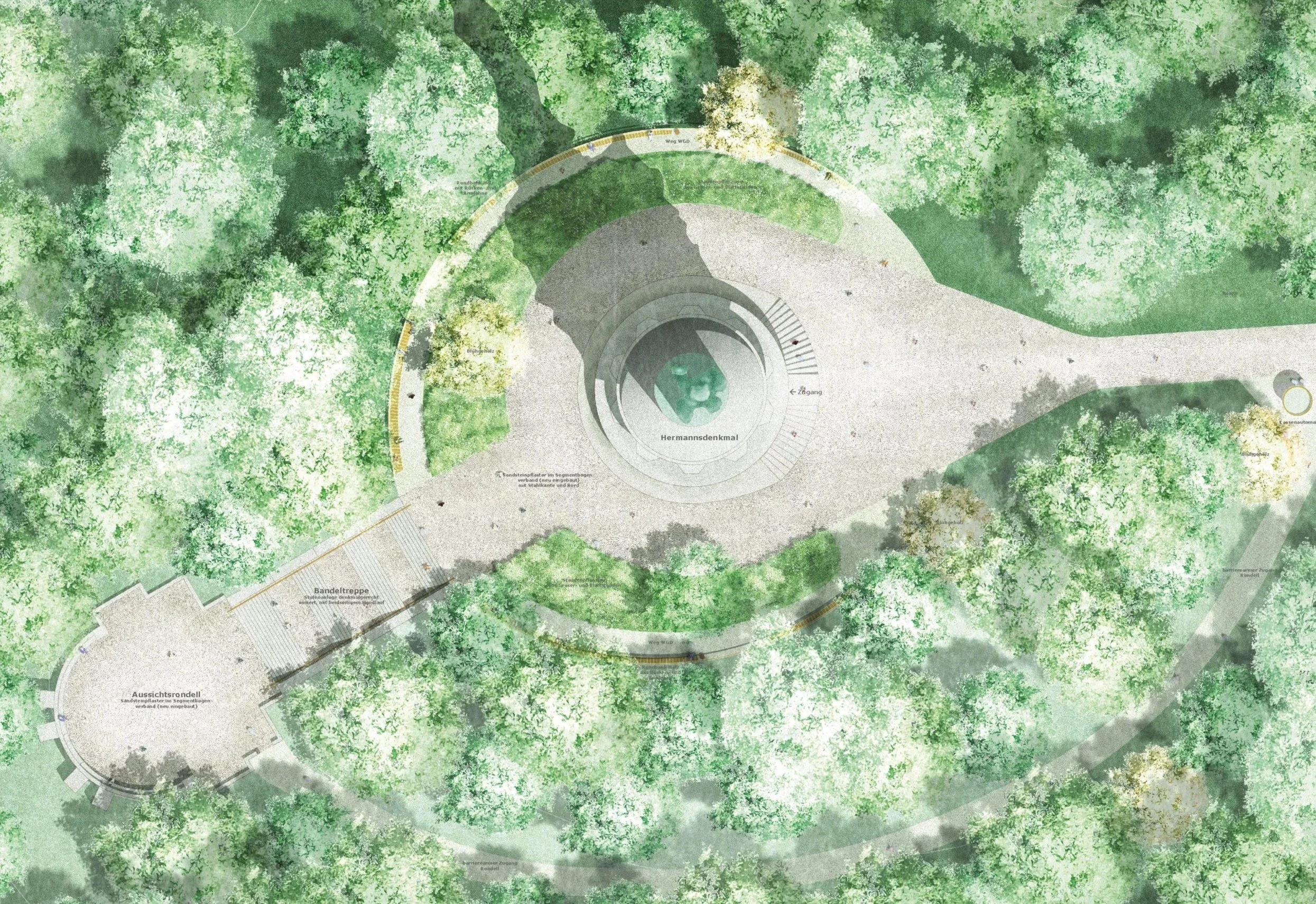 Luftaufnahme eines parkähnlichen Geländes mit einem spiralförmigen Weg, umgeben von Bäumen. Im Zentrum befindet sich eine Gedenkstätte mit der Aufschrift 'Hermannsdenkmal'. Es gibt mehrere Wege und Treppen, sowie Beschilderungen und einen Aussichtskreis.