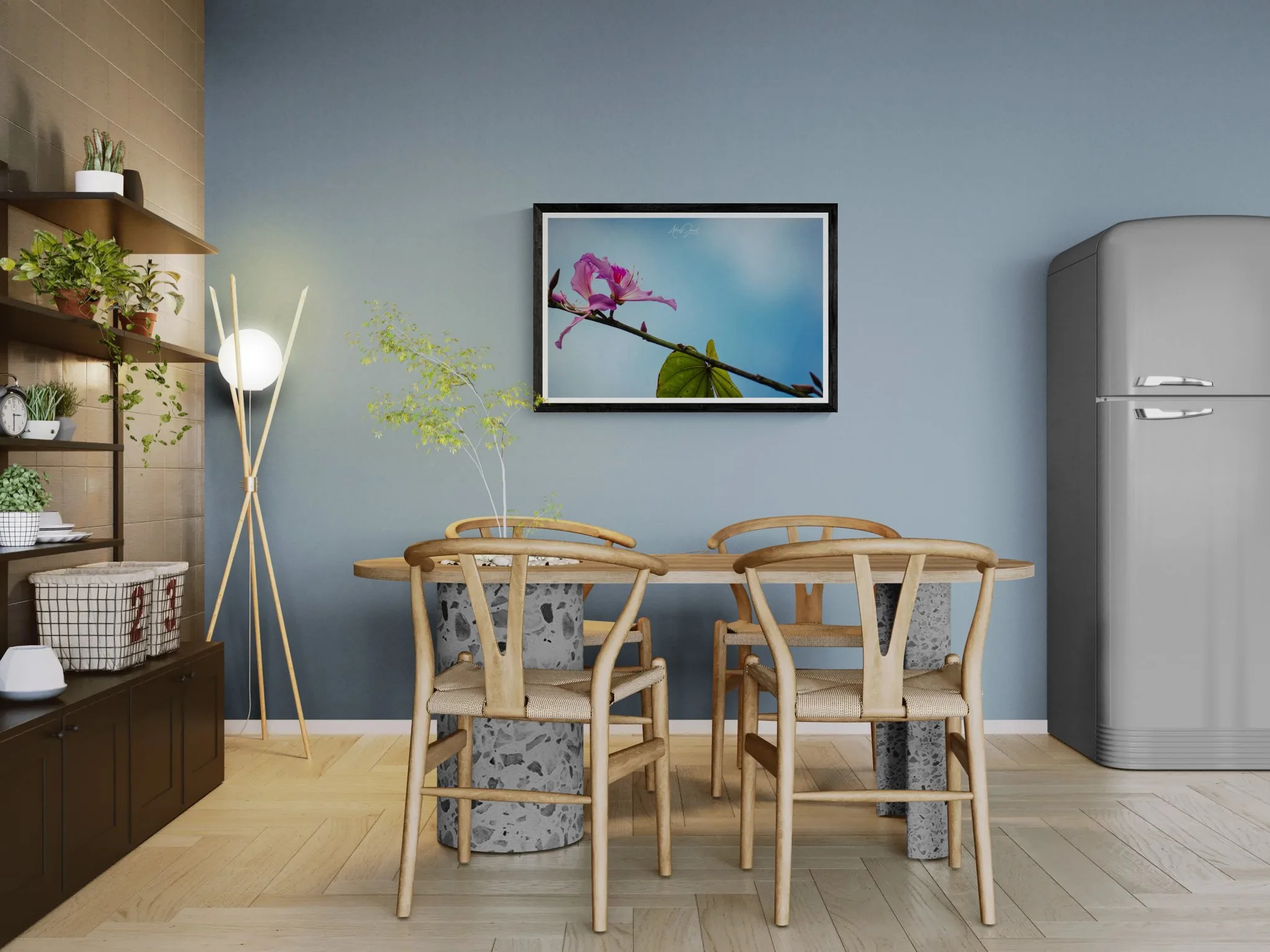 A framed limited-edition pink Bauhinia flower photograph mockup in a contemporary kitchen and dining space