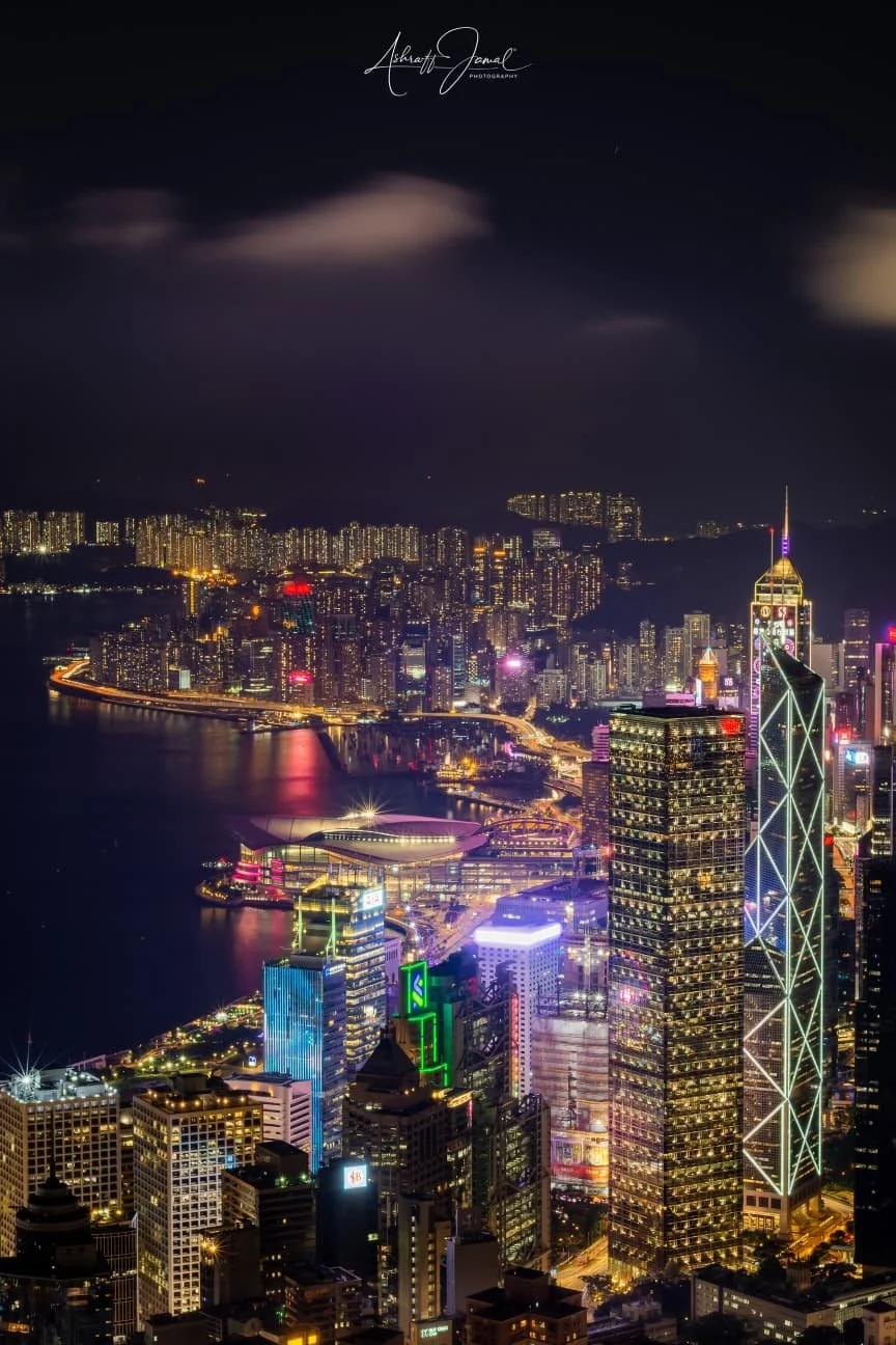 Fine art cityscape print of the Hong Kong skyline and Victoria Harbour at night by Ashraff Jamal Photography.