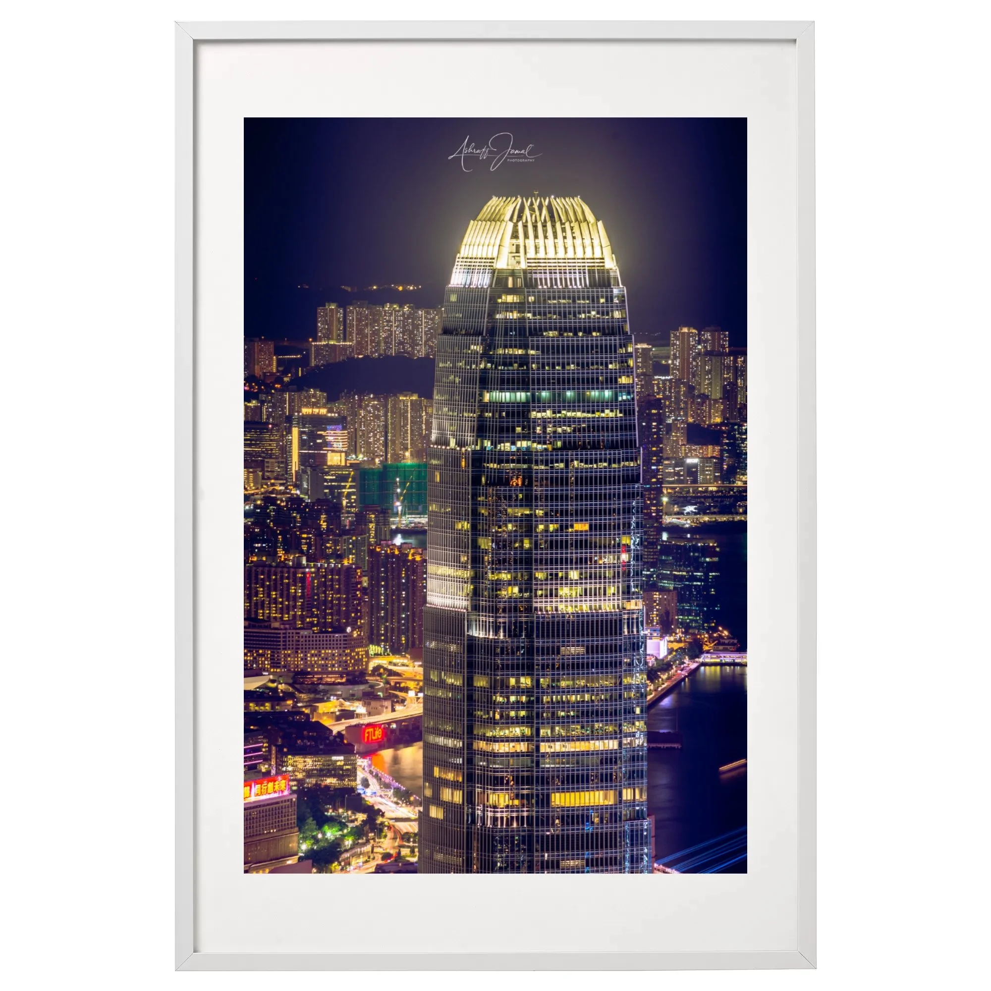 Hong Kong 2 IFC skyline night print in a natural wood frame.