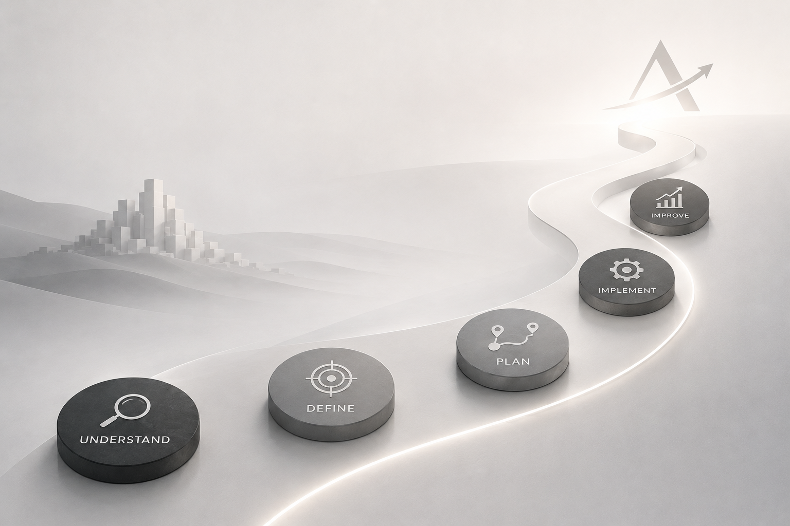 A visual representation of a business process with five gray circular steps on a winding path, labeled from left to right: Understand, Define, Plan, Implement, and Improve, leading towards a bright upward arrow symbolizing growth, with a cityscape in the background.