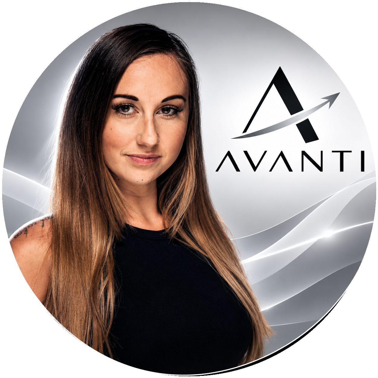 A woman with long brown hair and a black top standing next to a logo with the word 'Avanti' on a gray background.